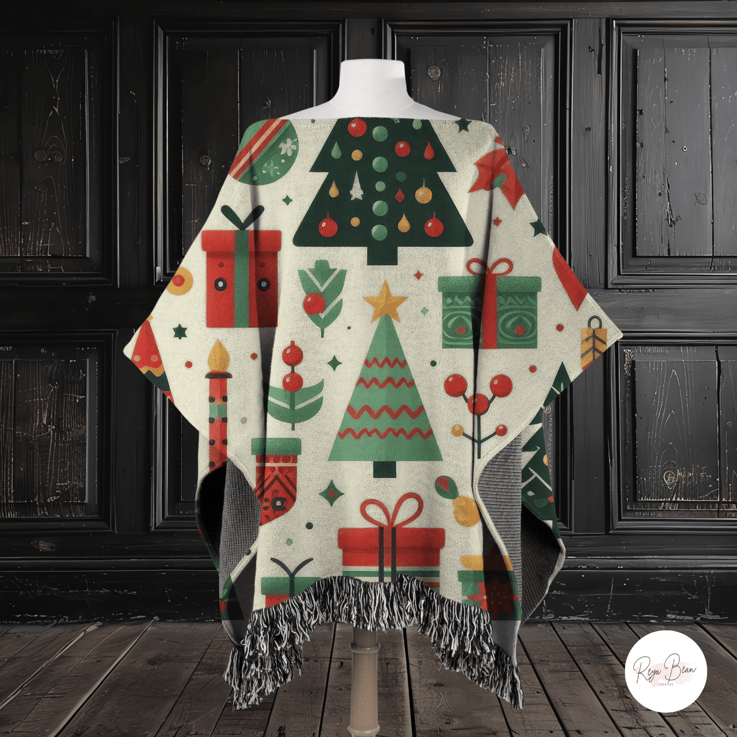 Christmas Tress Holiday Woven Poncho, 50" x 60"