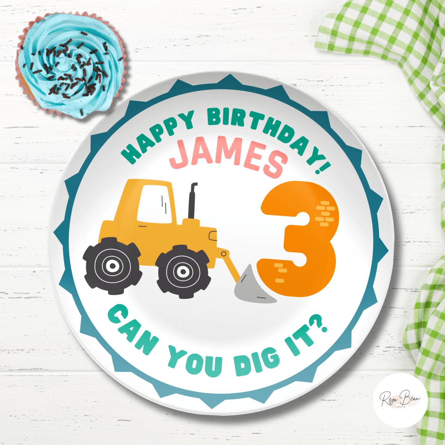 Personalized 3rd Birthday Plate Boy Digger, Custom Construction Equipment Cake Smash Plate for Kids, Third Bday Photo Shoot Toddler Gift