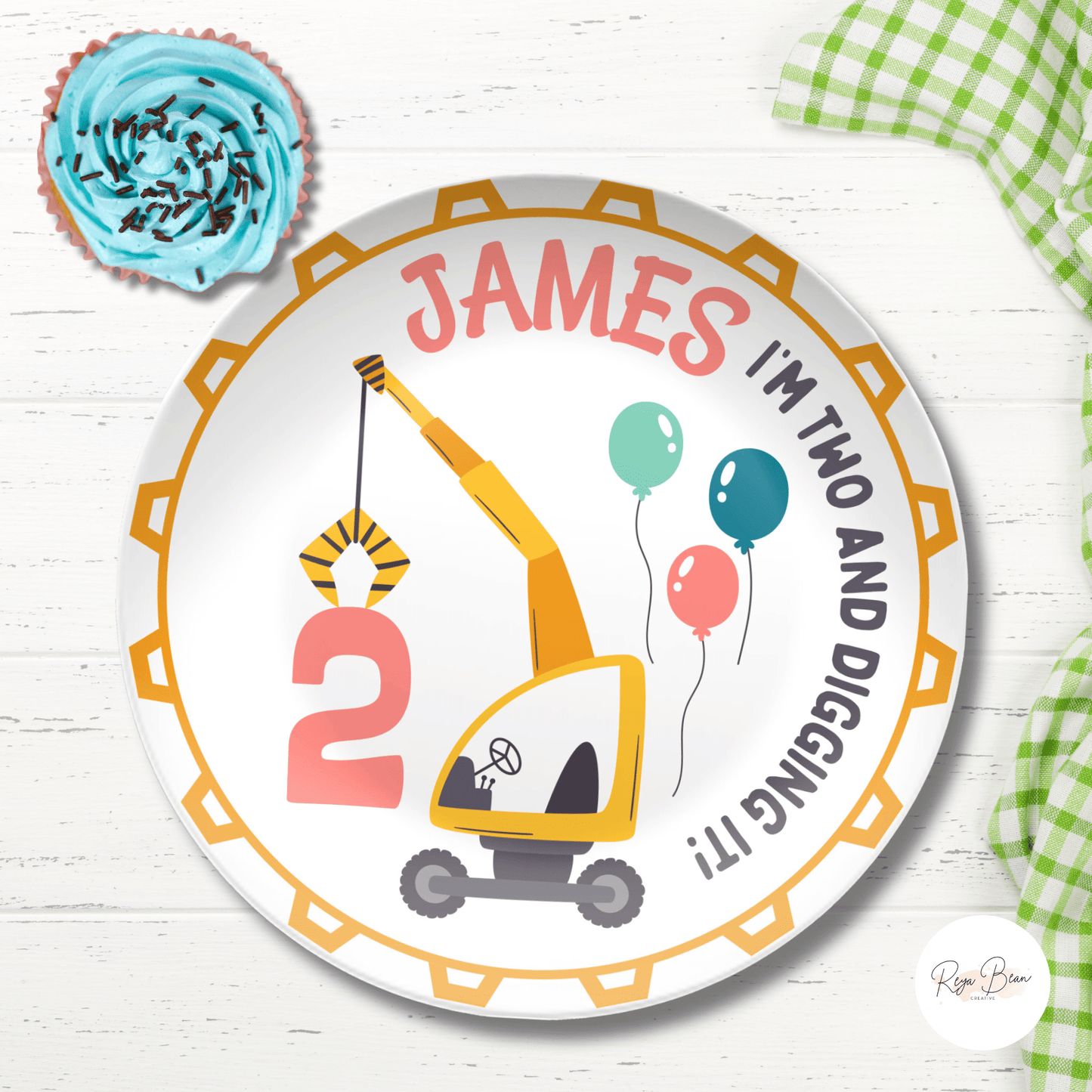 Personalized Second Birthday Plate Boy Crane, Custom Construction Equipment Cake Smash Plate for Kids, 2nd Bday Photo Shoot Toddler Gift