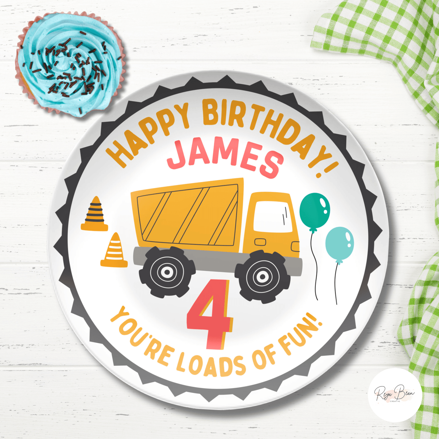 Personalized 4th Birthday Plate Boy Dump Truck, Custom Construction Equipment Cake Smash Plate for Kids, Fourth Happy Bday Photo Shoot Gift