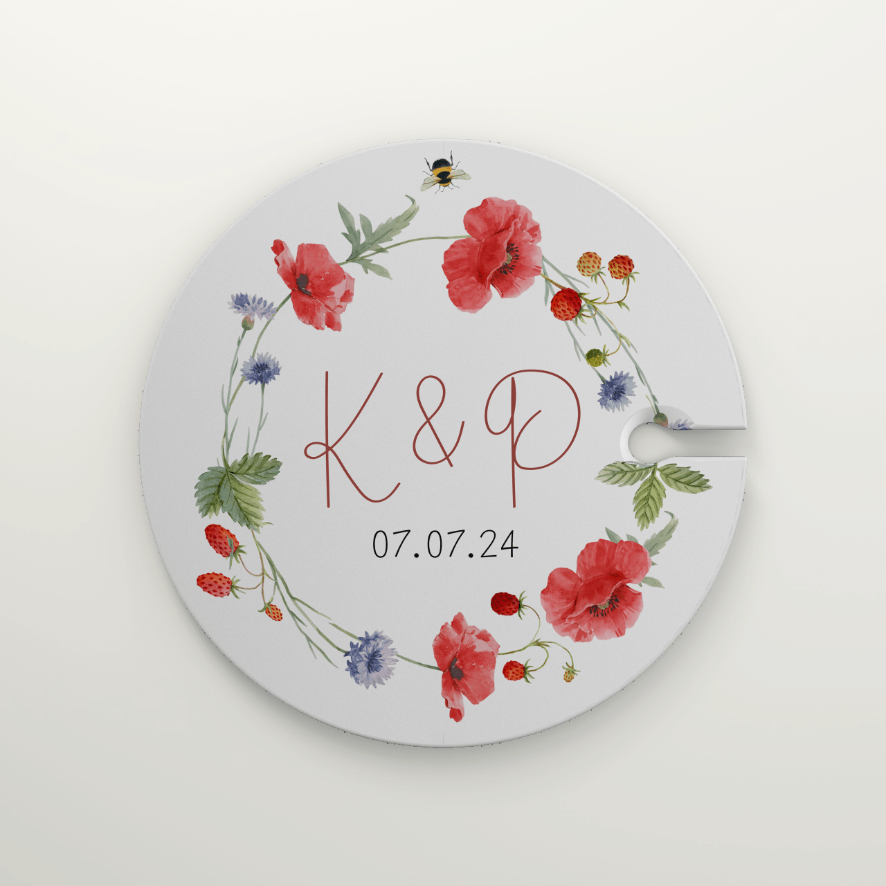 Custom Wedding Cocktail Hour Appetizer Wine Glass Holder Floral Strawberry Food Plate, Personalized Wedding Date Couple's Initials, Anniversary Gift