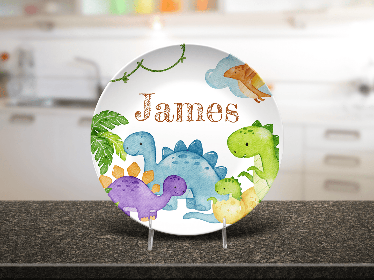 Dinosaur Plate, Bowl, Placemat, Fork, and Spoon Dinnerware Set - Custom Name