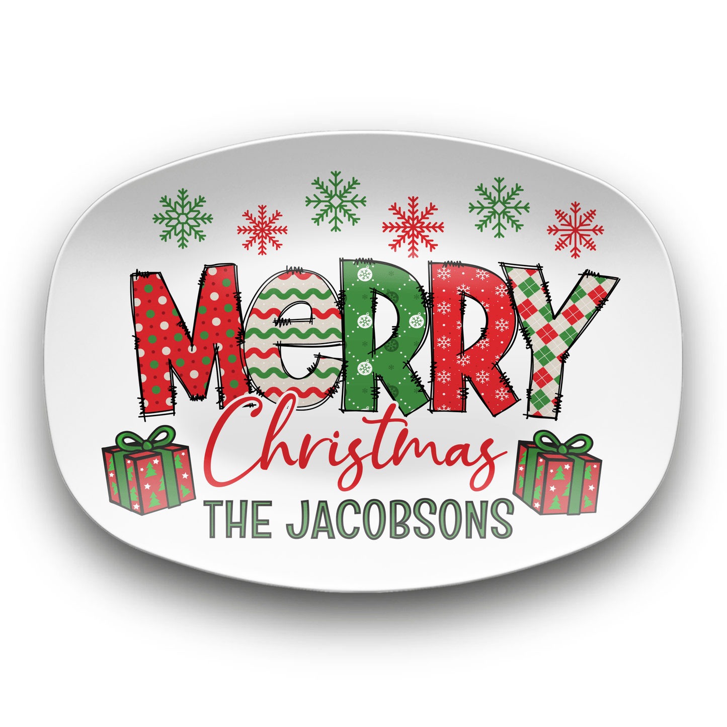Custom Merry Christmas Platter, Festive Holiday Christmas Kitchen Tray, Personalized Family Name Xmas Plate, Unbreakable BPA-Free 10 x 14"