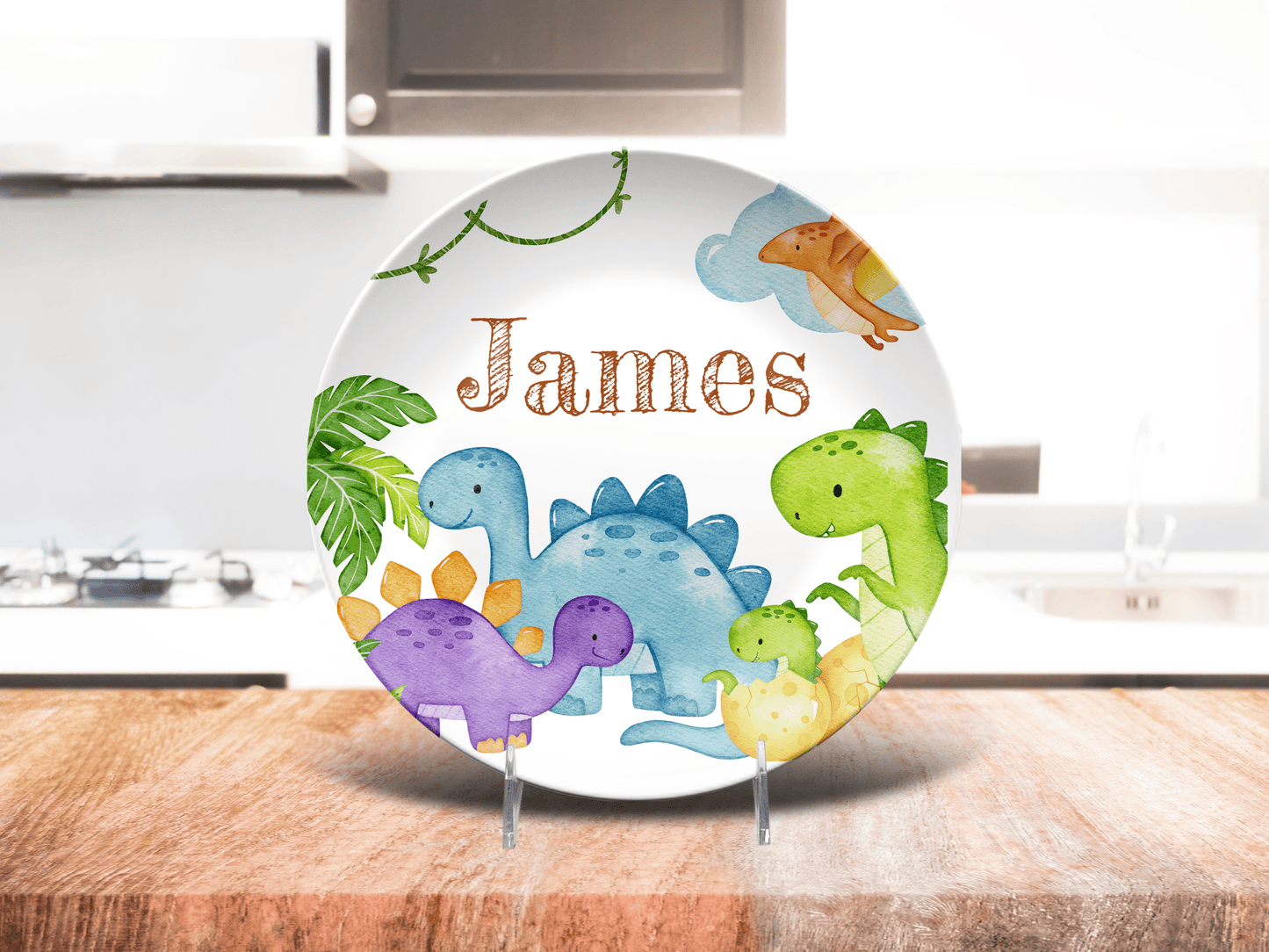 Custom Dinosaur Plate Bowl Placemat Fork and Spoon Kid's Name, Dinosaur Theme Unbreakable Plate Set for Child, BPA-Free Kids' Dining Set