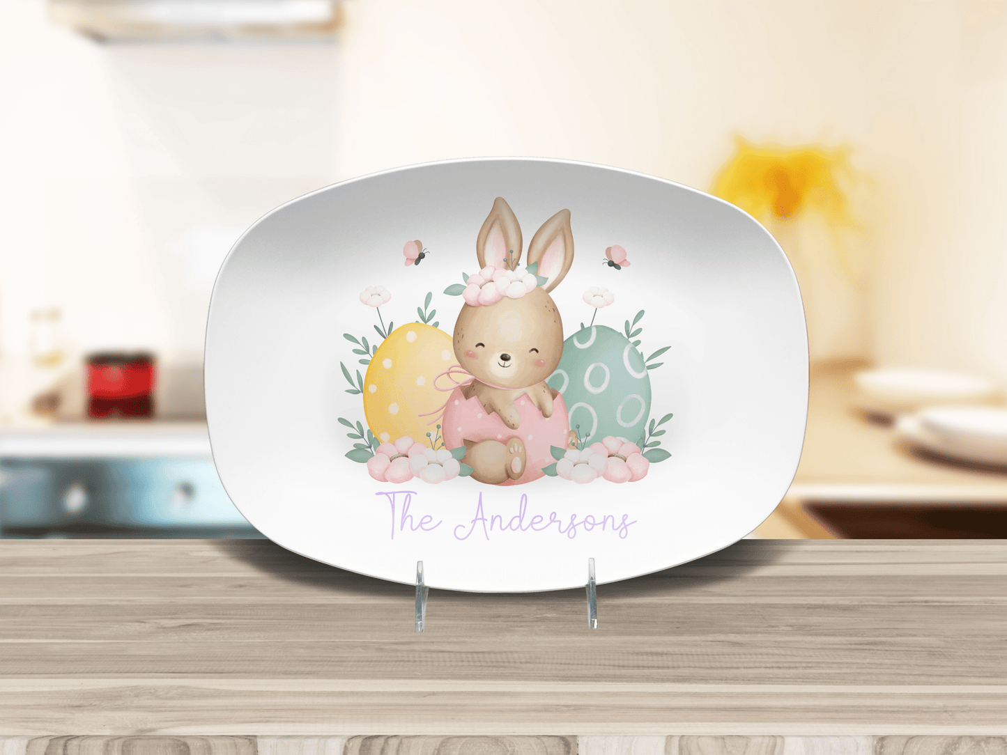 Easter Bunny Plate Custom Family Name Platter, Cute Happy Easter Eggs Personalized Display Tray, Pastel Spring Decor Brunch Serving Dish