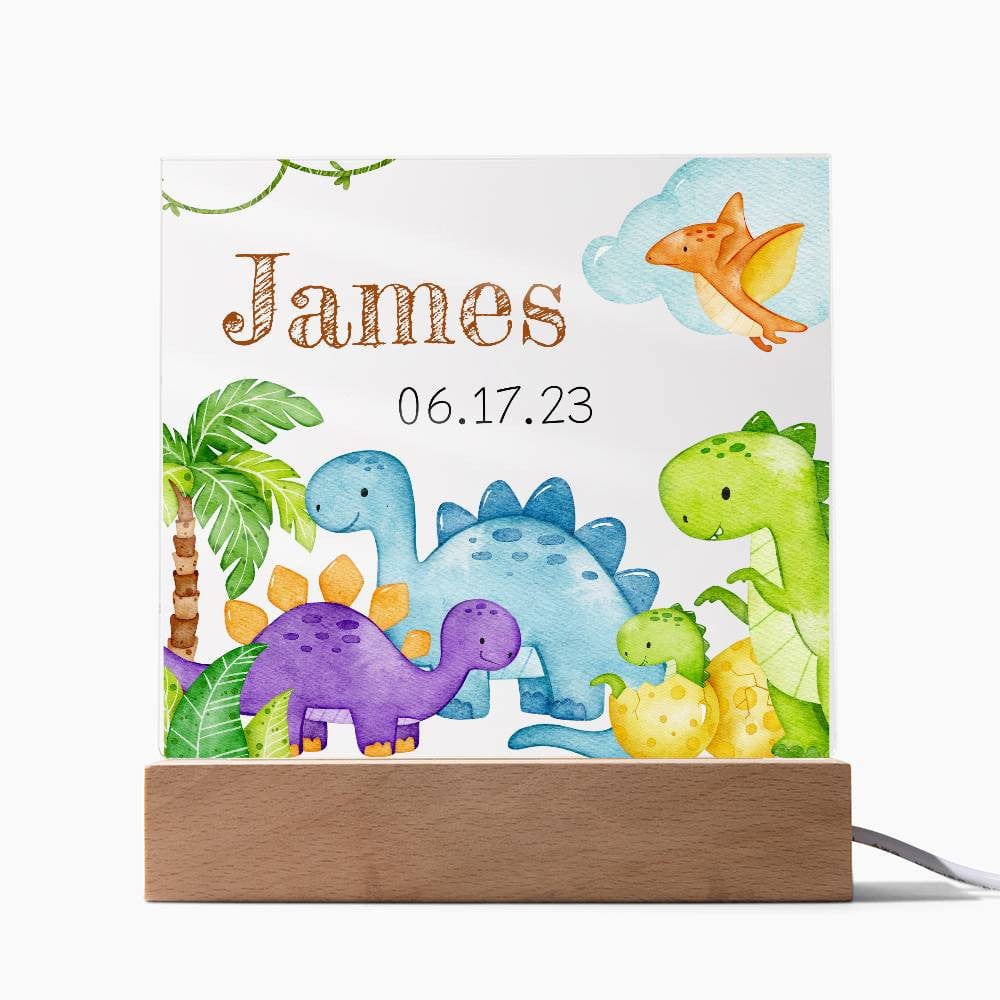 Dinosaur Night Light - Custom Acrylic Plaque With Baby Name Gift & Dimmable LED Base