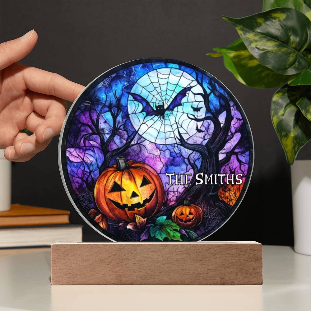 Custom Name Halloween Decoration Light Up Round Acrylic Plaque, Trick or Treat Party Light LED, Jack O Lantern Bats Witch Faux Stained Glass