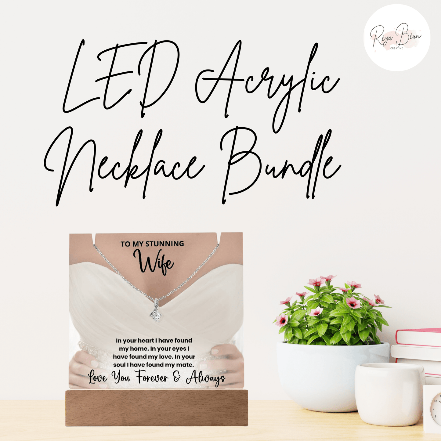 To My Stunning Wife Wedding Anniversary Present - LED Acrylic Plaque + Alluring Beauty Necklace Bundle