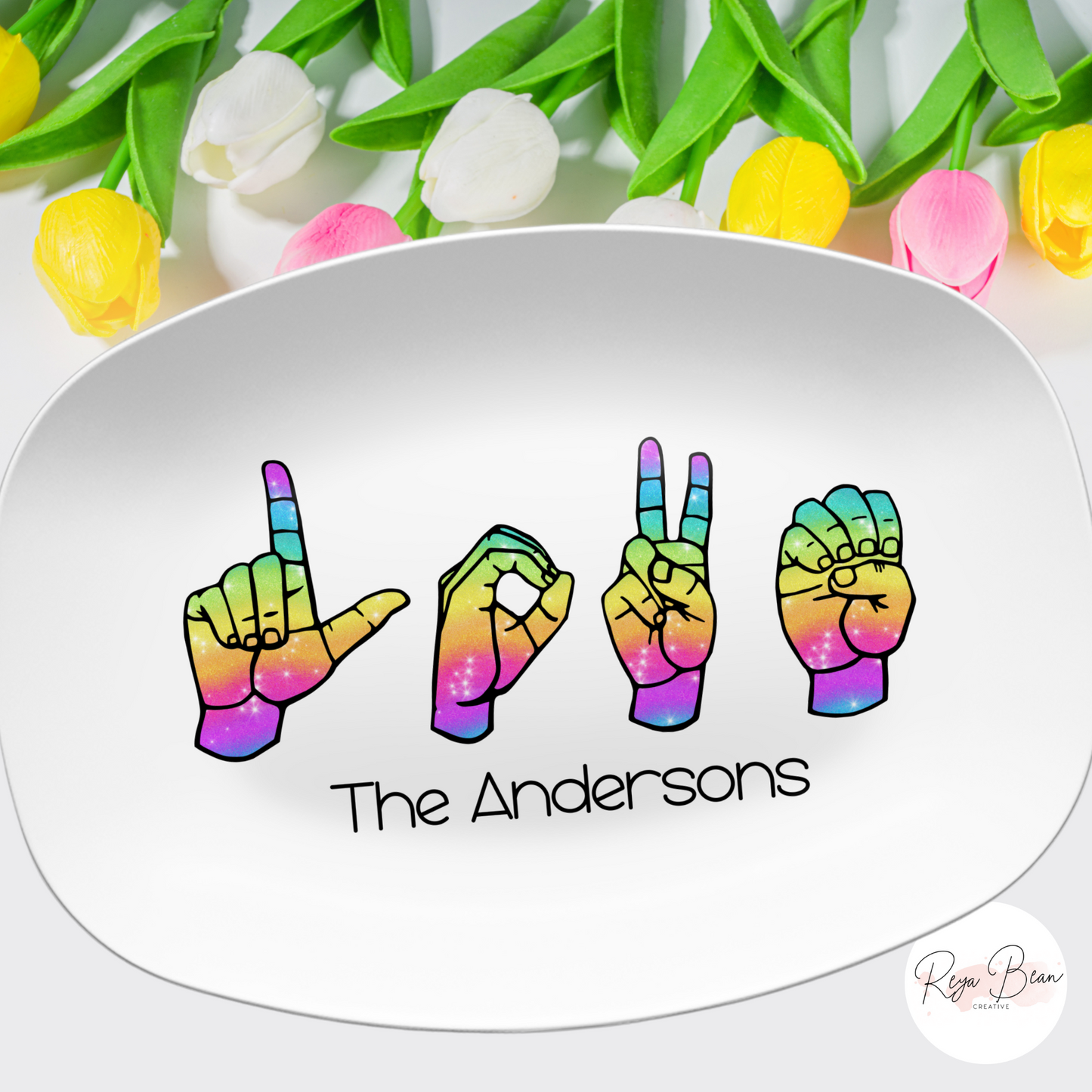 Sign Language Custom Family Name Platter, Personalized ASL Love Keepsake Display Tray, Rainbow Deaf Culture Serving Plate Dinnerware Decor