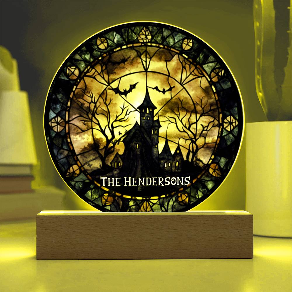 Custom Name Halloween Decoration Light Up Round Acrylic Plaque, Trick or Treat Party Light LED, Jack O Lantern Bats Witch Faux Stained Glass