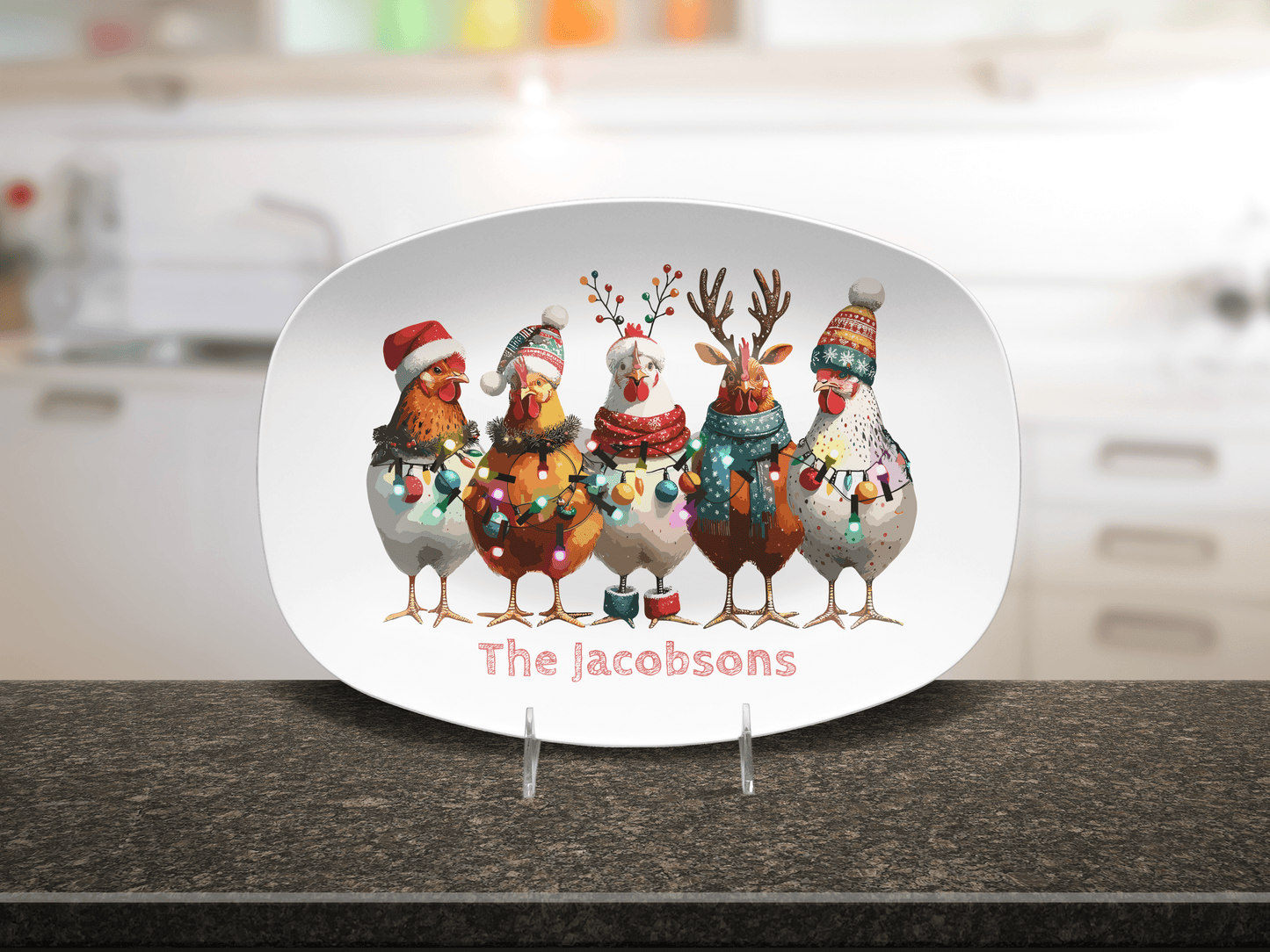Custom Chicken Christmas Platter, Festive Funny Holiday Kitchen Tray, Personalized Family Name Holiday Plate, Unbreakable BPA-Free 10 x 14"