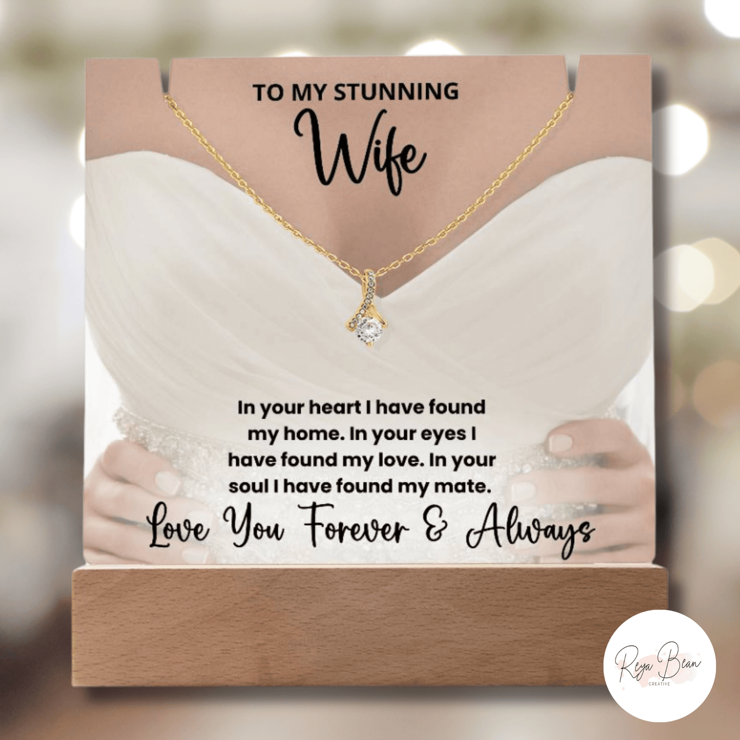 To My Stunning Wife Wedding Anniversary Present - LED Acrylic Plaque + Alluring Beauty Necklace Bundle