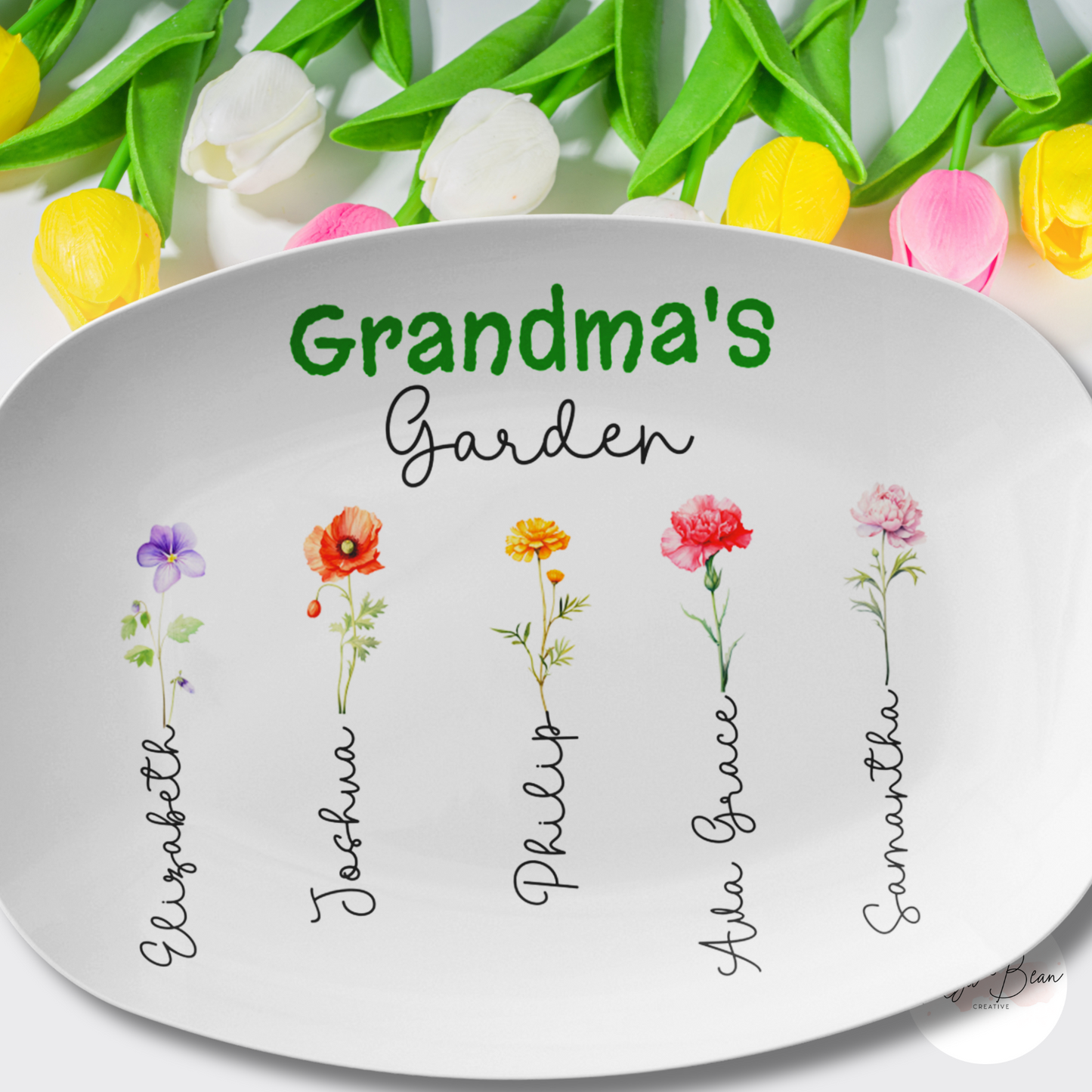 Grandma's Custom Kids Grandkids Birth Flower Platter