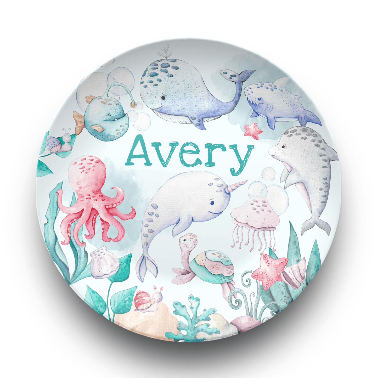 Kids Narwhal Dinnerware | Personalized Ocean Creatures Plate & Unbreakable Bowl Set