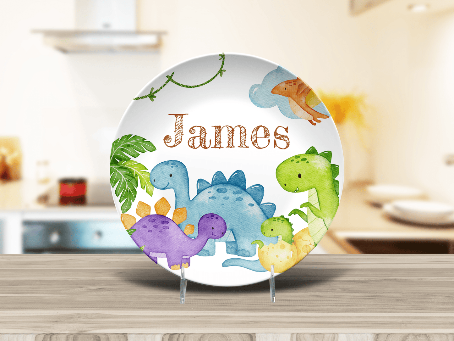 Custom Dinosaur Plate Bowl Placemat Fork and Spoon Kid's Name, Dinosaur Theme Unbreakable Plate Set for Child, BPA-Free Kids' Dining Set