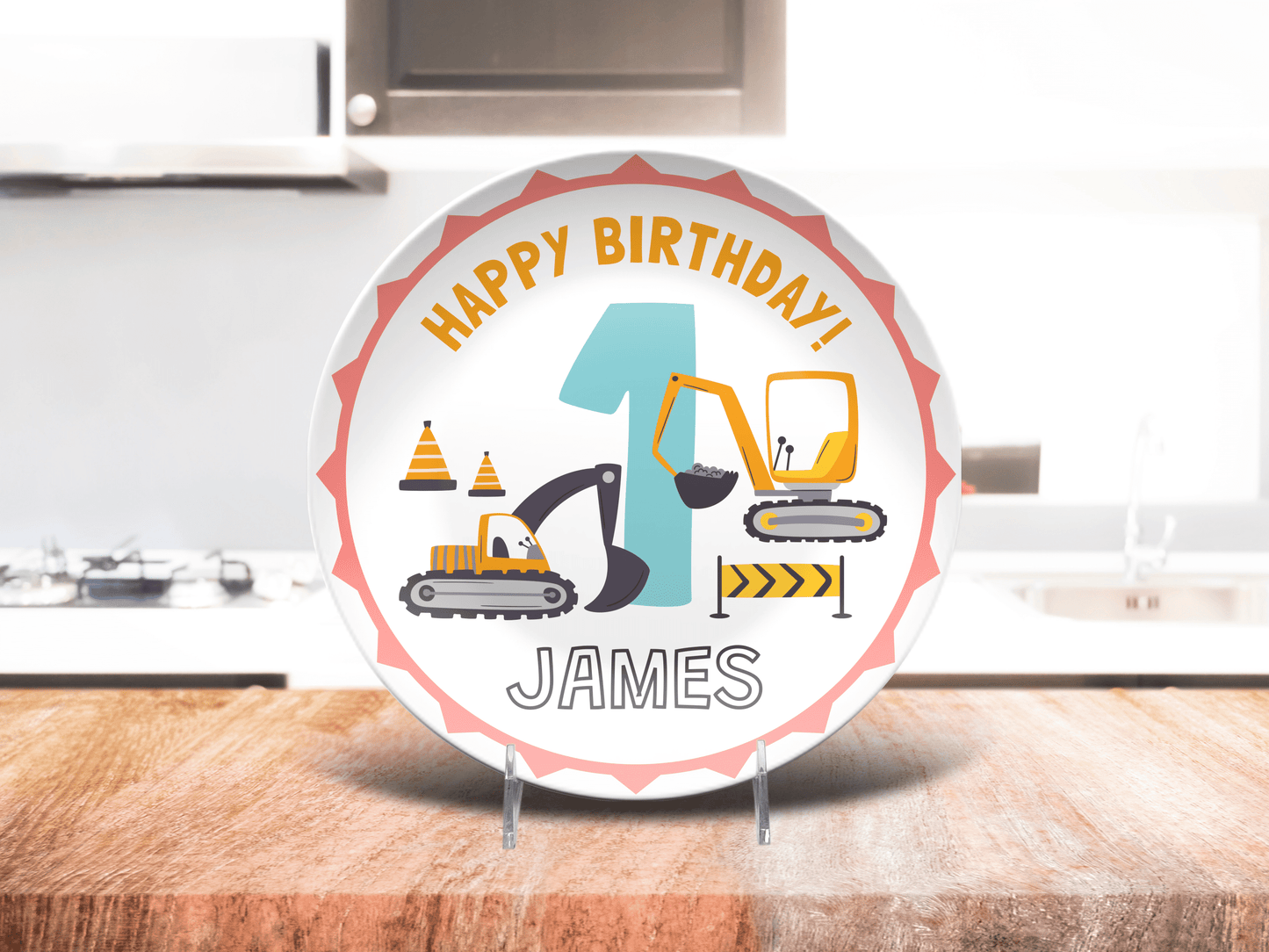 Personalized Birthday Plate Boy Diggers, Custom Construction Equipment Cake Smash Plate for Kids, 1st Happy Bday Photo Shoot Toddler Gift