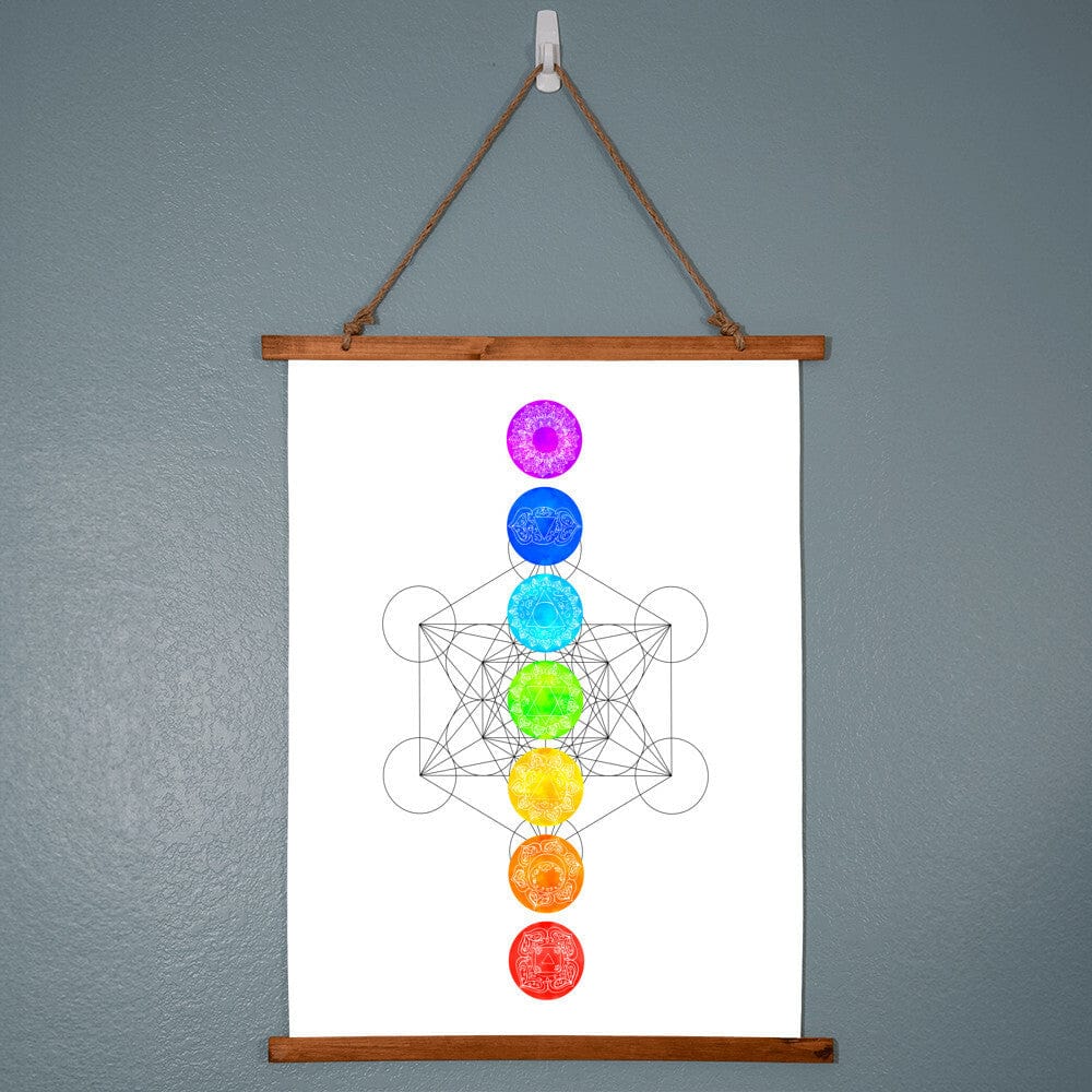 Spiritual Wall Art Metaphysical Chakras, Metatron's Cube Sacred Boho Wood Framed Hanging Tapestry, Rainbow Yoga Studio Decor Mindfulness Art