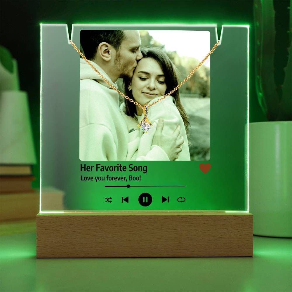 Custom Song Acrylic Plaque for Her, Personalized Photo Keepsake Bundle Alluring Beauty Necklace and LED Night Light Jewelry Holder for Girlfriend