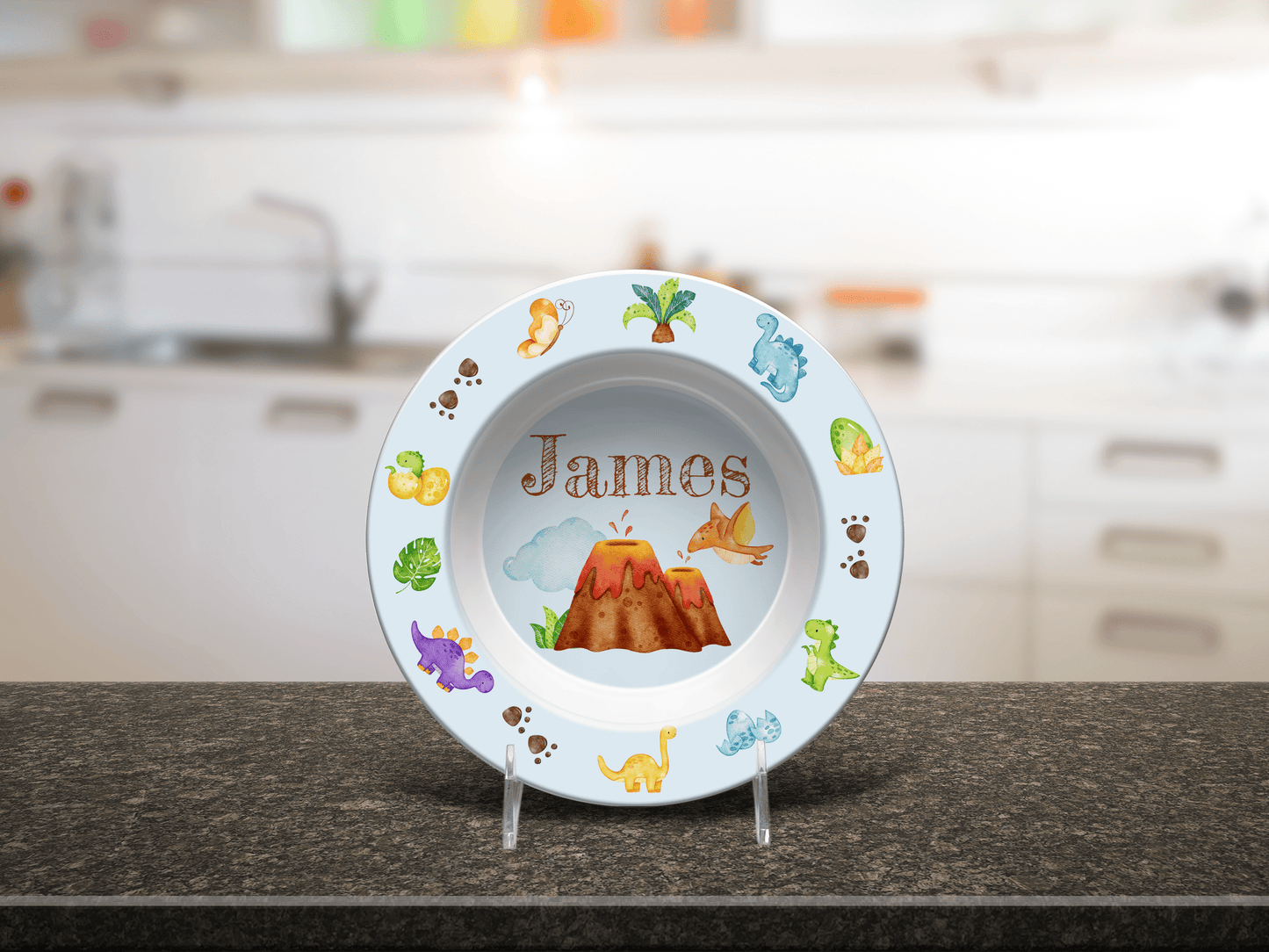 Custom Dinosaur Plate Bowl Placemat Fork and Spoon Kid's Name, Dinosaur Theme Unbreakable Plate Set for Child, BPA-Free Kids' Dining Set