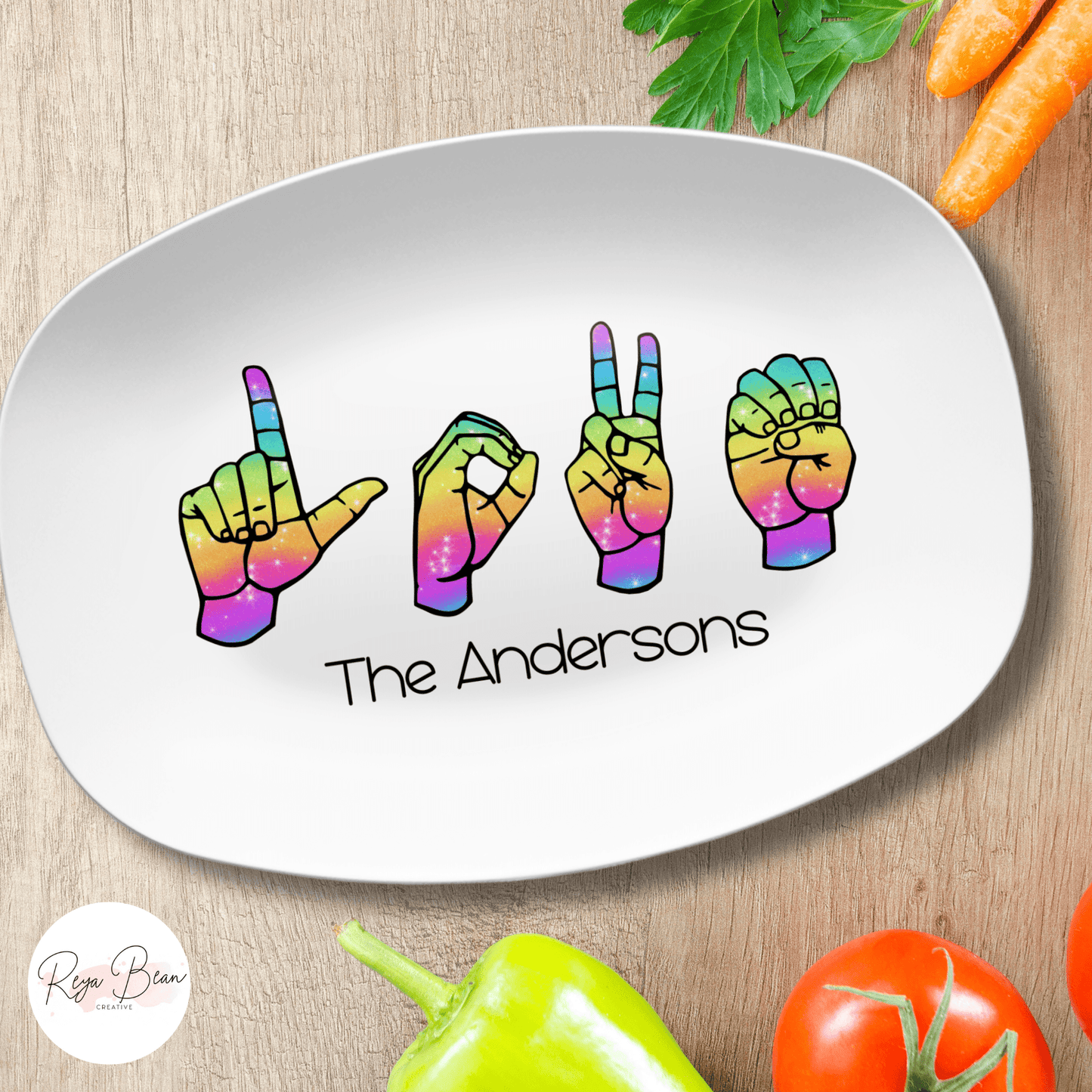Sign Language Custom Family Name Platter, Personalized ASL Love Keepsake Display Tray, Rainbow Deaf Culture Serving Plate Dinnerware Decor