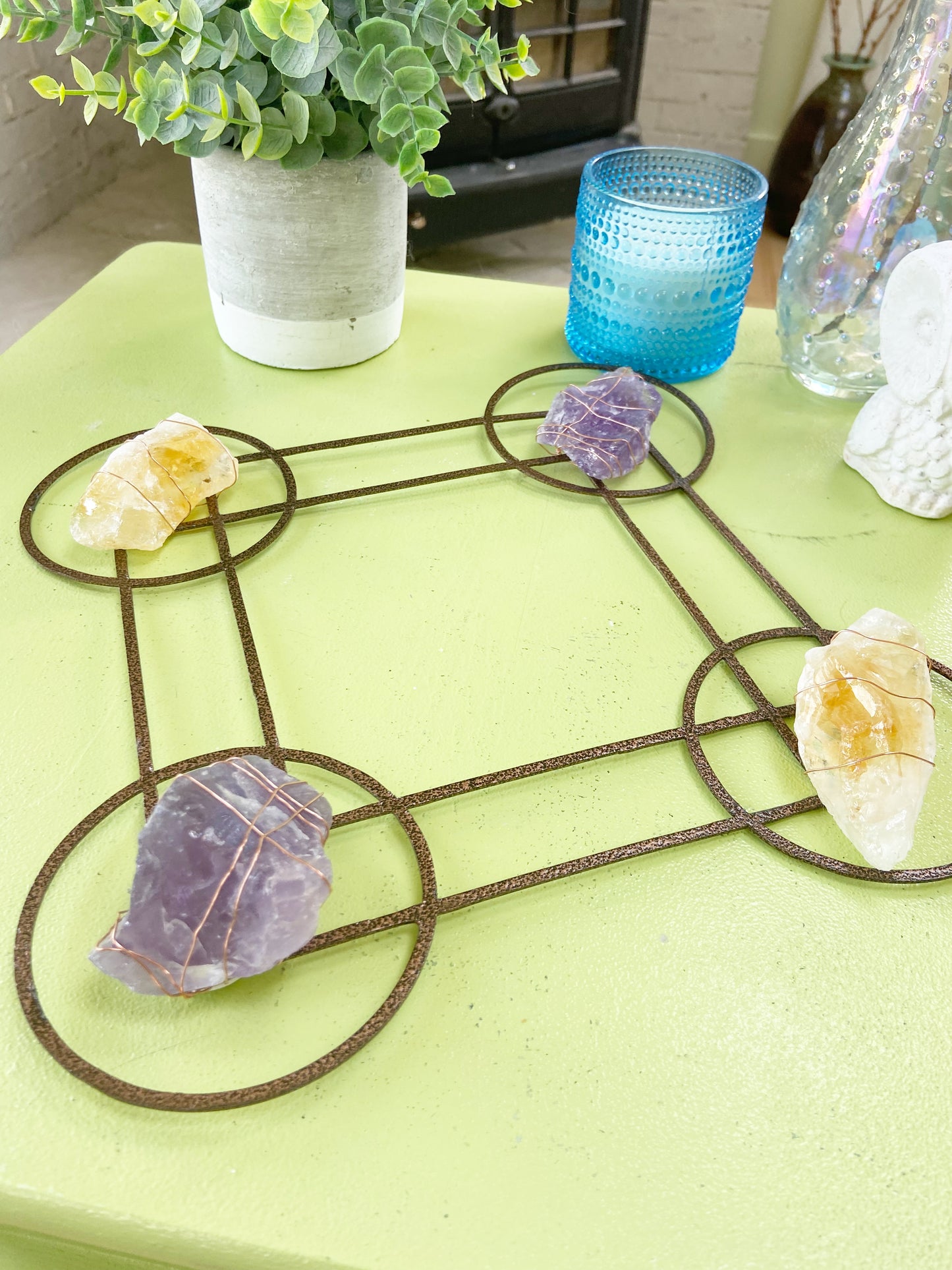 Sacred Geometry Metal Wall Art - Wire-wrapped Raw Amethyst Citrine Crystals - One of a Kind Crystal Grid 12"