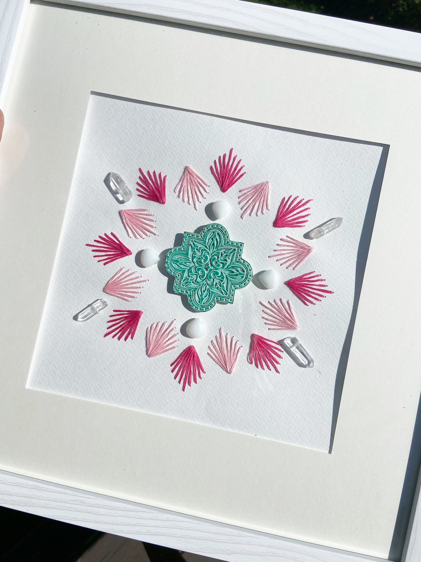 Framed Hand-Stitched Sacred Geometry Crystal Grid 13 x 13", Pink, Aqua & White
