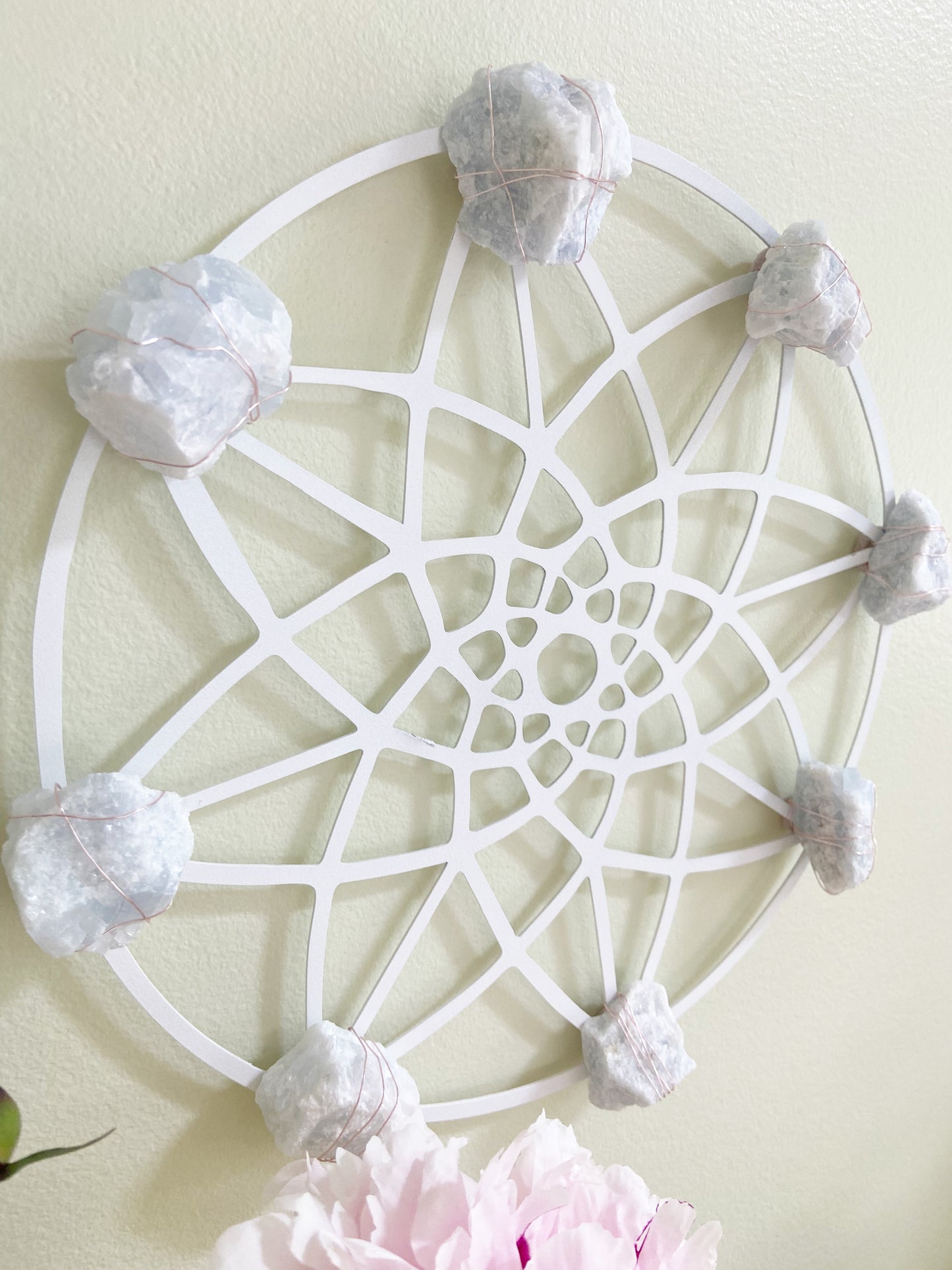 Sacred Geometry Wire-wrapped Blue Calcite - White Metal Wall Art Crystal Grid