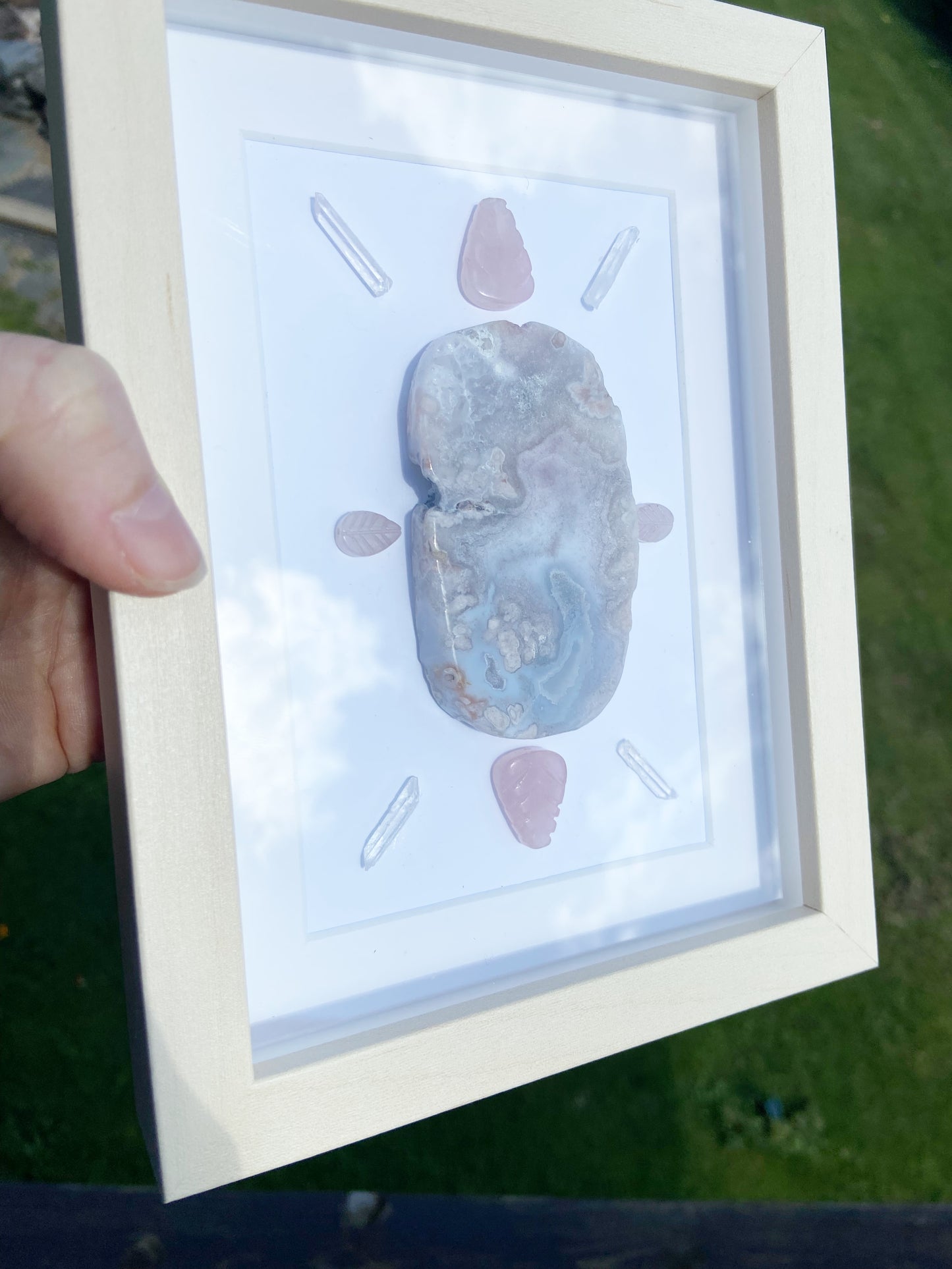 Pink Watercolor Framed Agate Slice Crystal Grid - 5.75 x 7.75"
