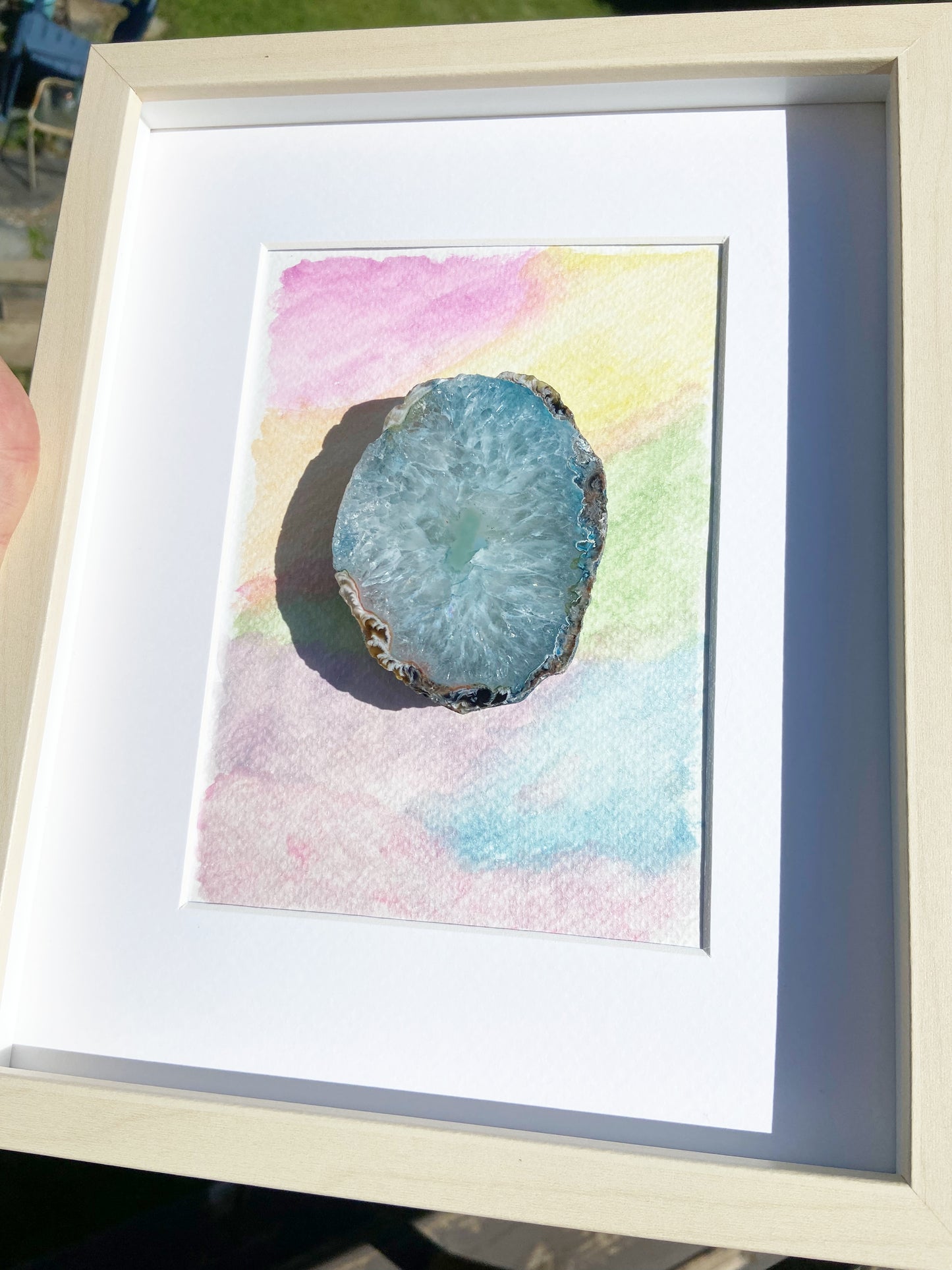 Framed Blue Druzy Agate Rainbow Watercolor - 9 x 11"