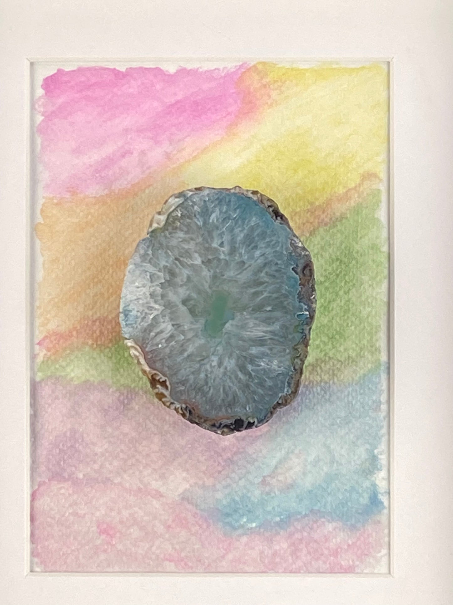 Framed Blue Druzy Agate Rainbow Watercolor - 9 x 11"