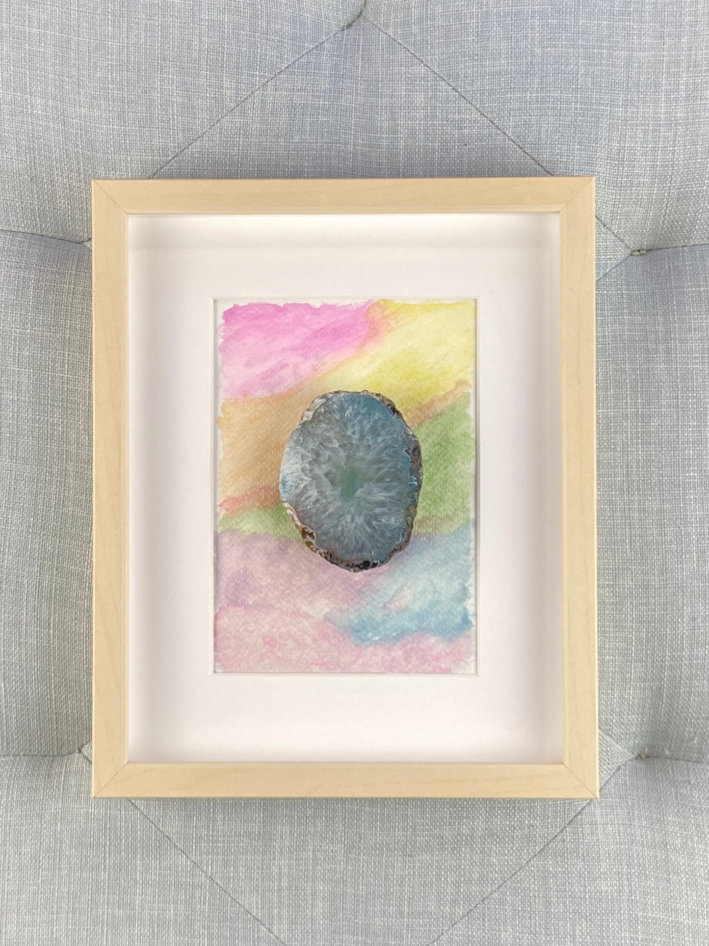 Framed Blue Druzy Agate Rainbow Watercolor - 9 x 11"