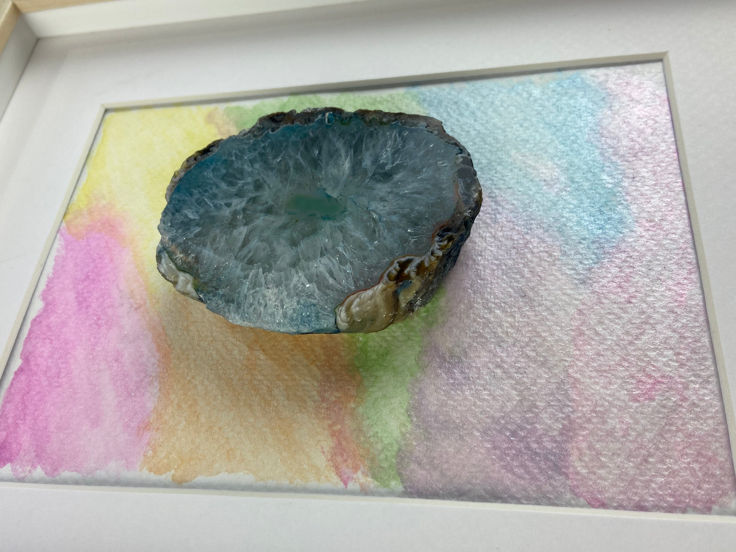 Framed Blue Druzy Agate Rainbow Watercolor - 9 x 11"