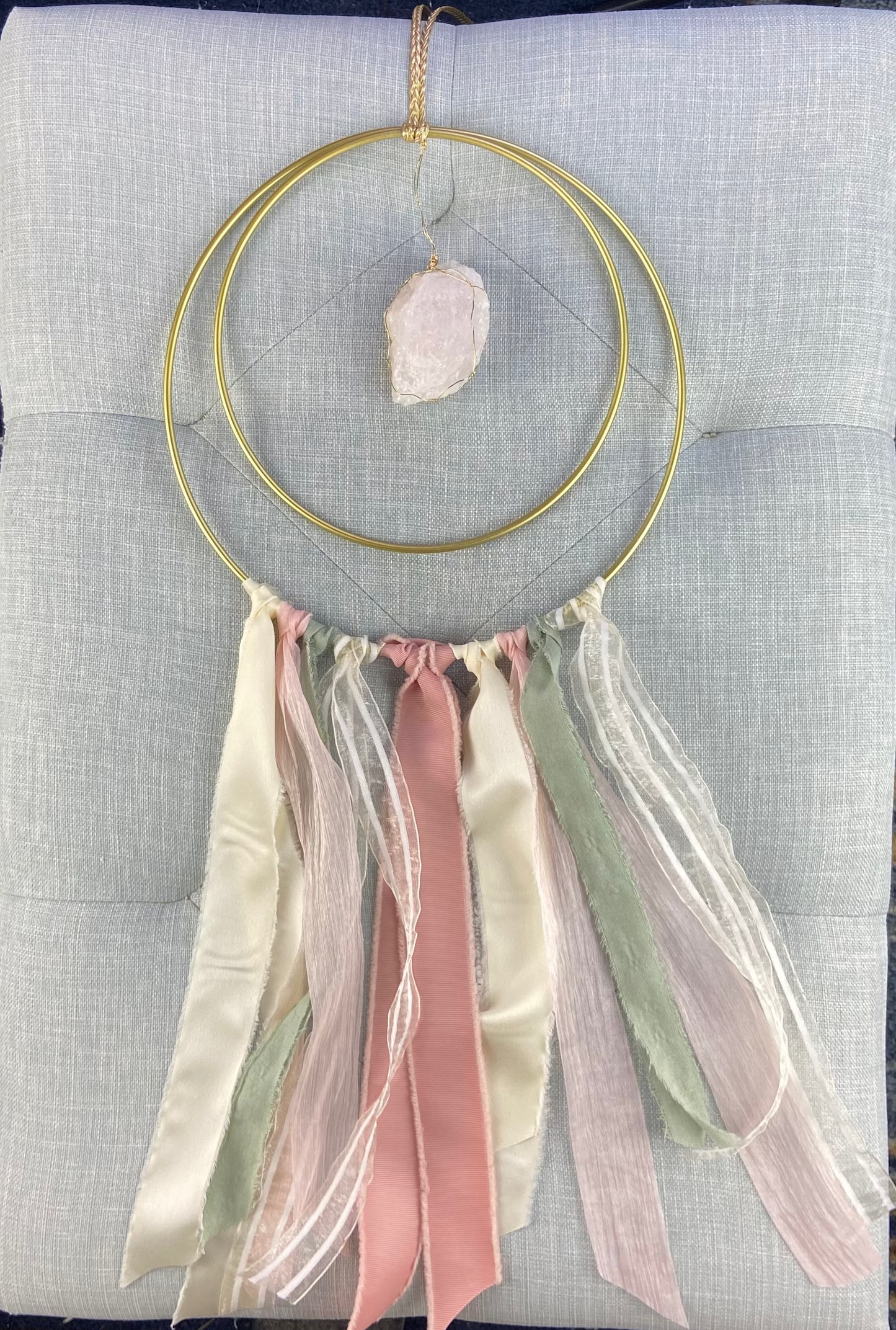 Sacred Geometry Metal Ribbon Wire-wrapped Rose Quartz Suncatcher, One of a Kind 10"