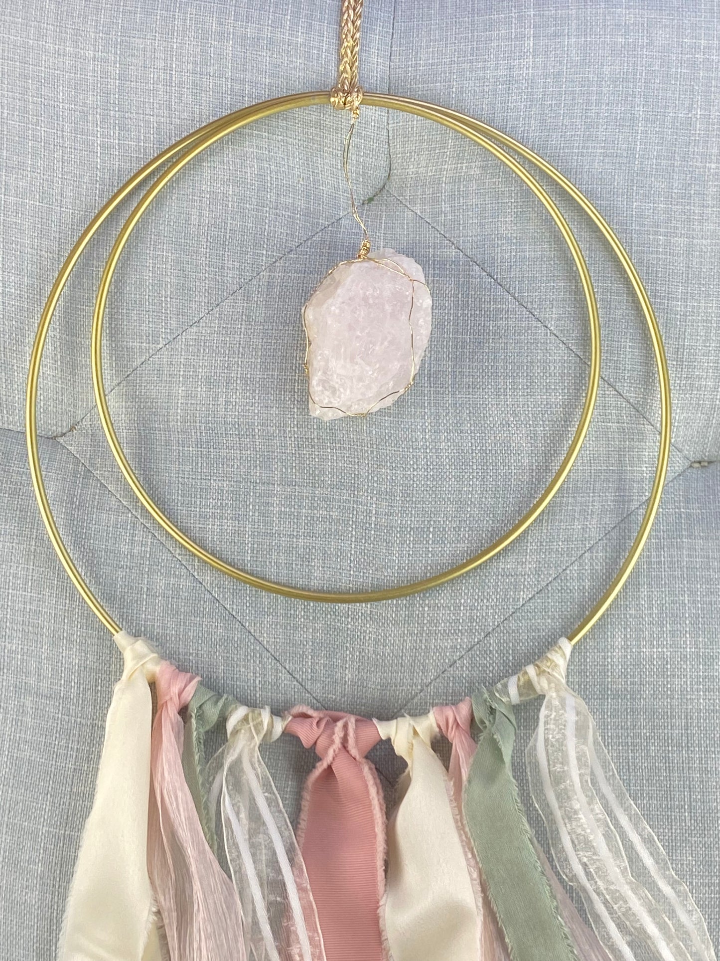 Sacred Geometry Metal Ribbon Wire-wrapped Rose Quartz Suncatcher, One of a Kind 10"