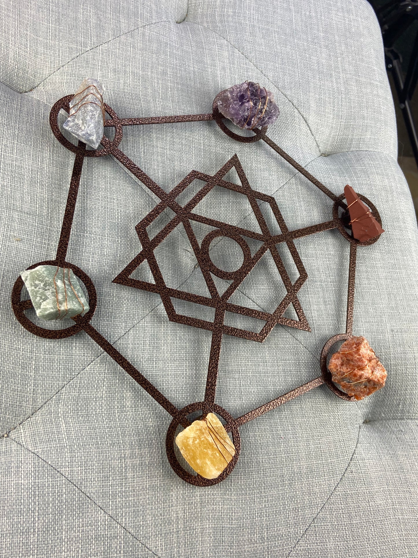 Metatron's Cube Sacred Geometry - Wire-wrapped Raw Chakra Crystals Metal Wall Art