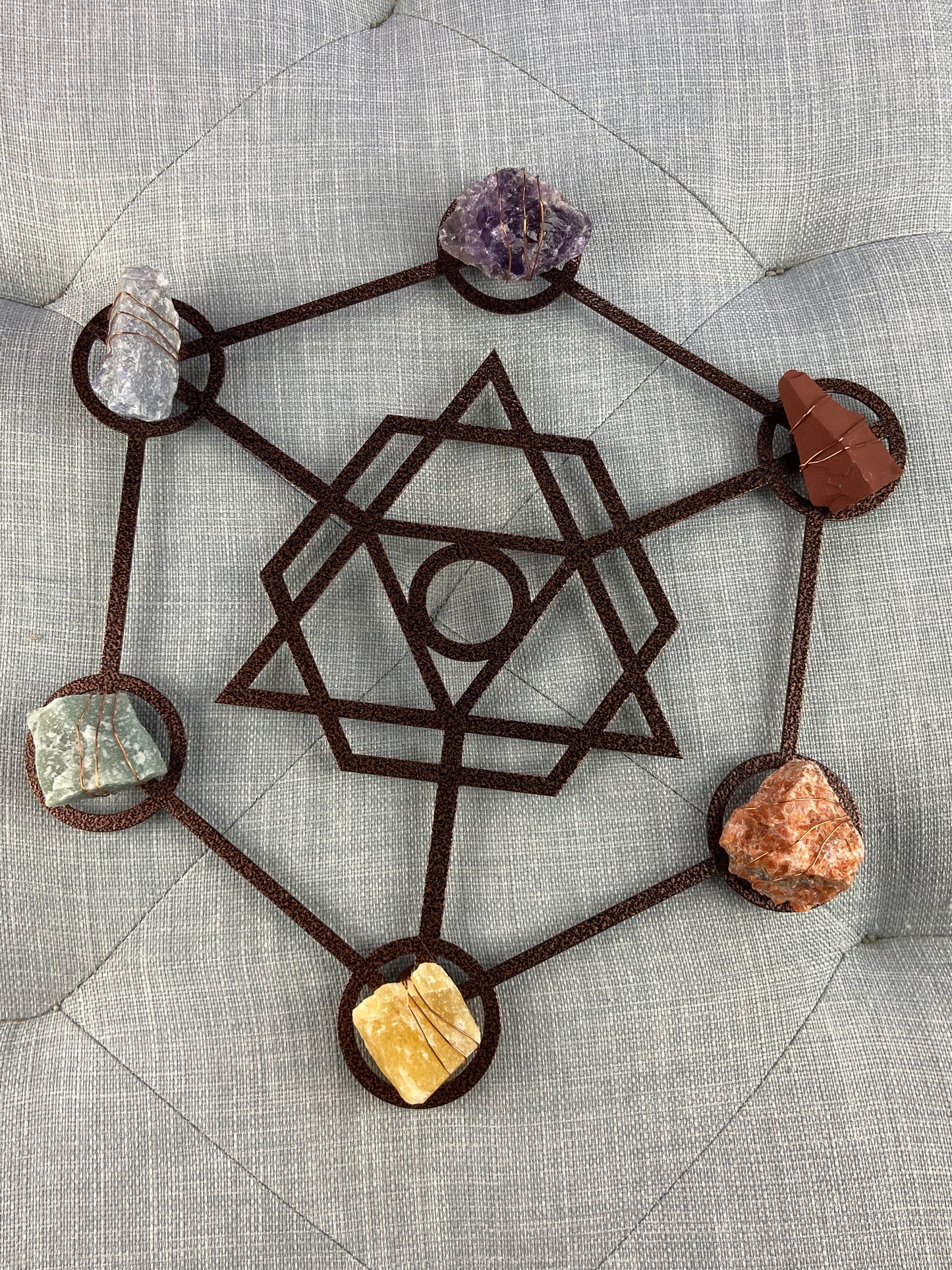 Metatron's Cube Sacred Geometry - Wire-wrapped Raw Chakra Crystals Metal Wall Art