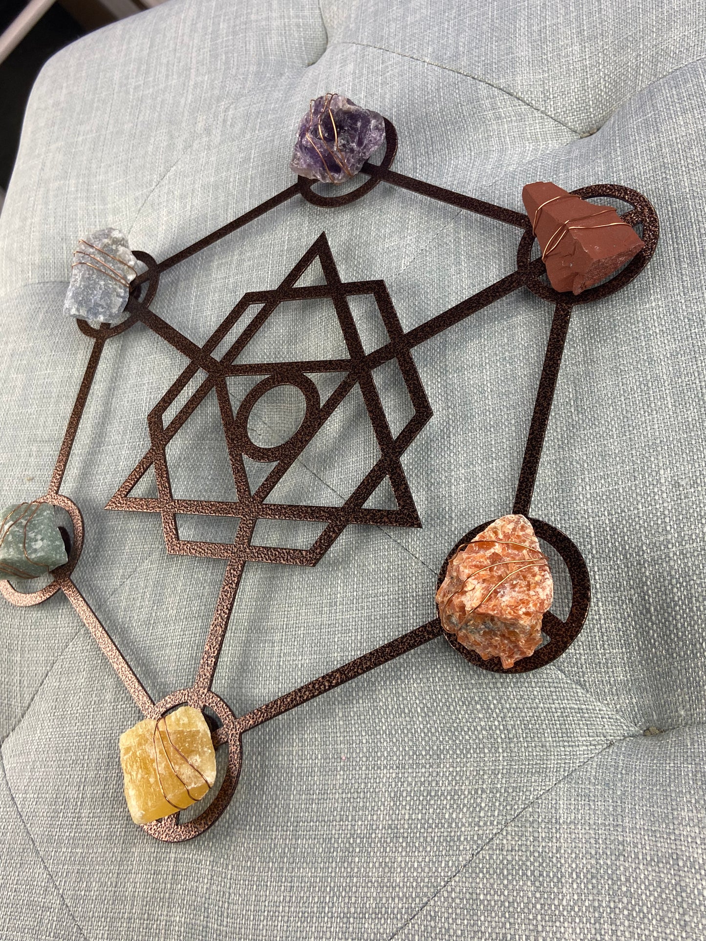 Metatron's Cube Sacred Geometry - Wire-wrapped Raw Chakra Crystals Metal Wall Art