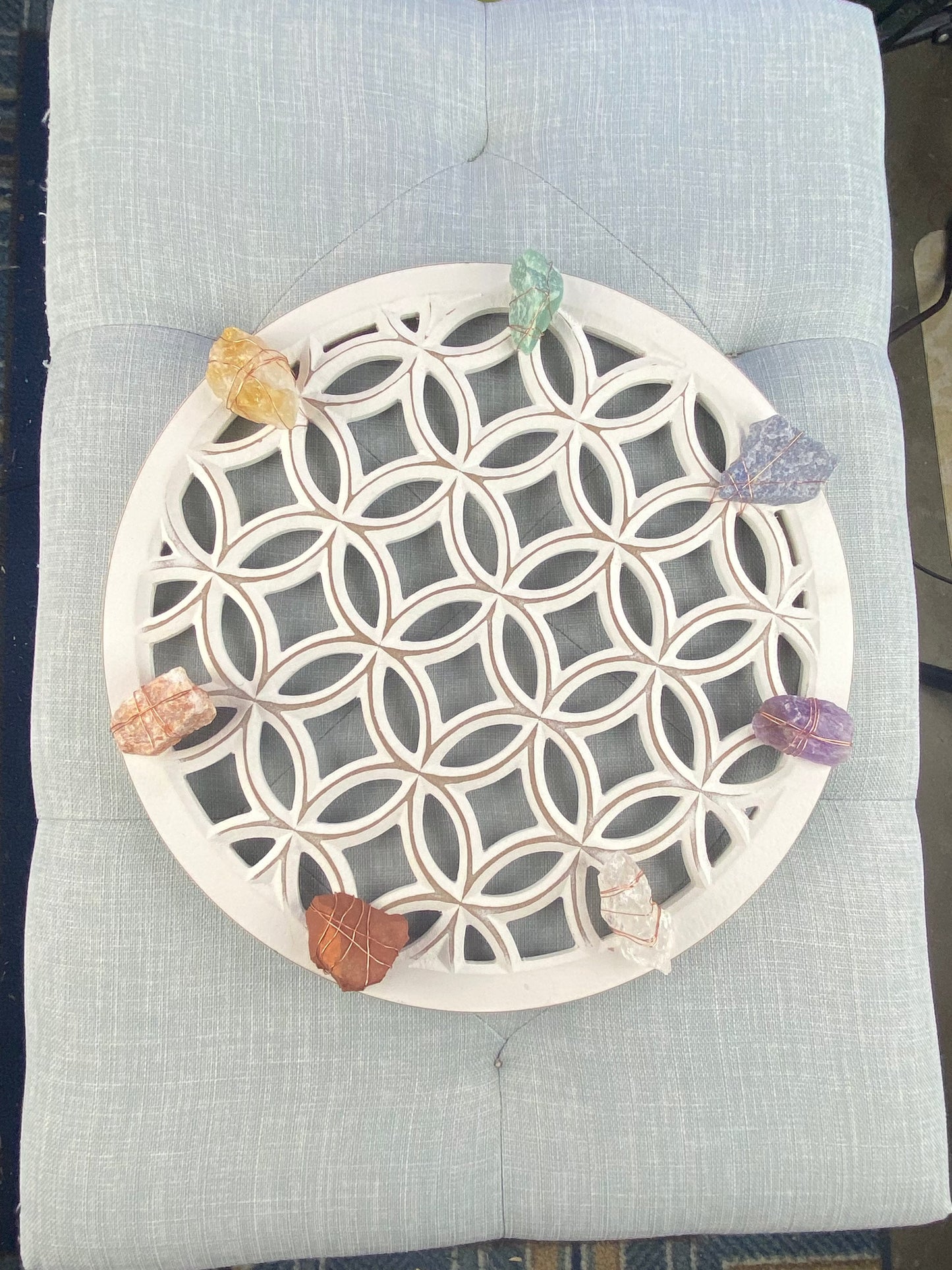 Sacred Geometry Wall Art - Wire-wrapped Raw Chakra Crystals - One of a Kind Crystal Grid