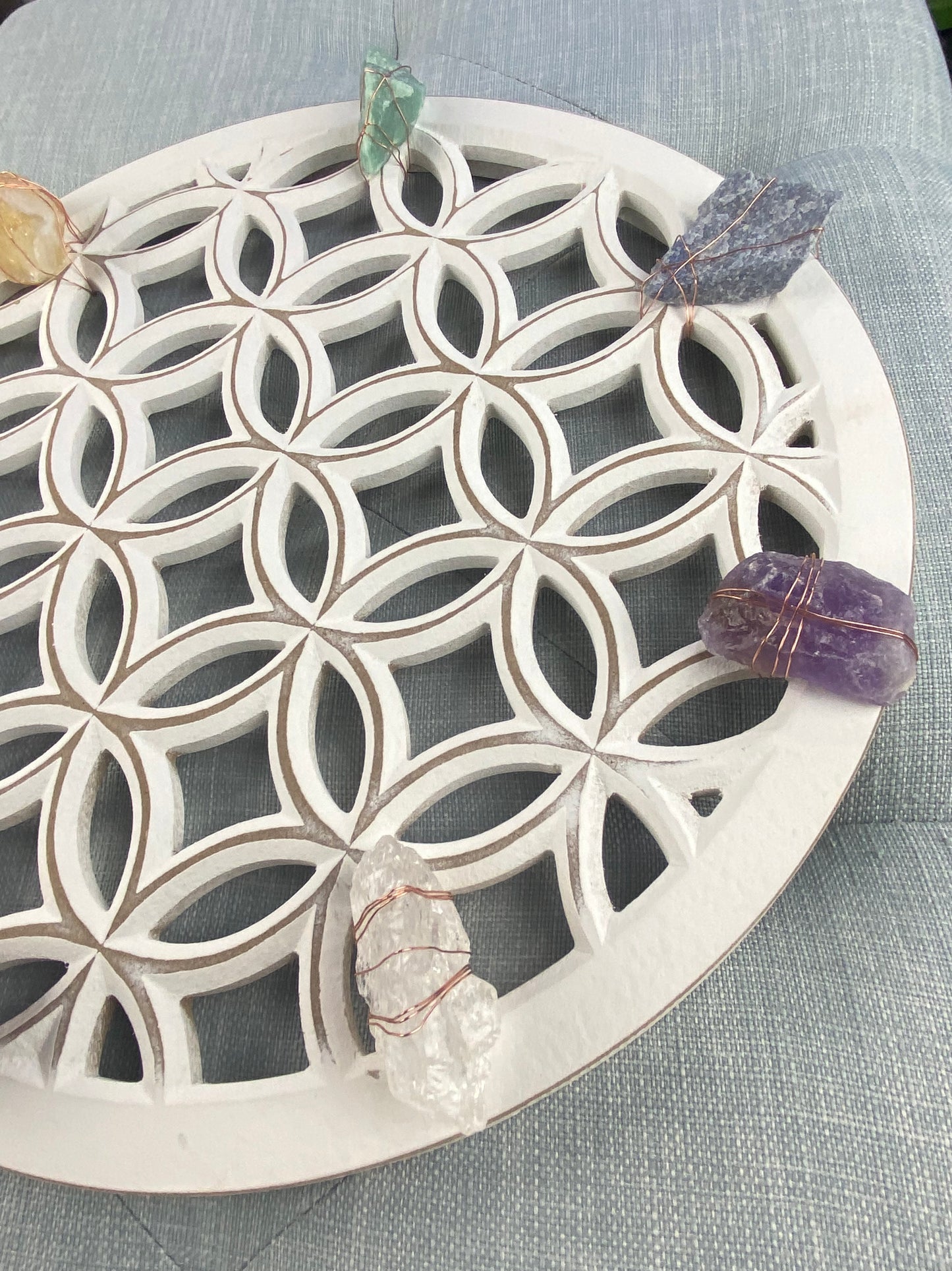 Sacred Geometry Wall Art - Wire-wrapped Raw Chakra Crystals - One of a Kind Crystal Grid