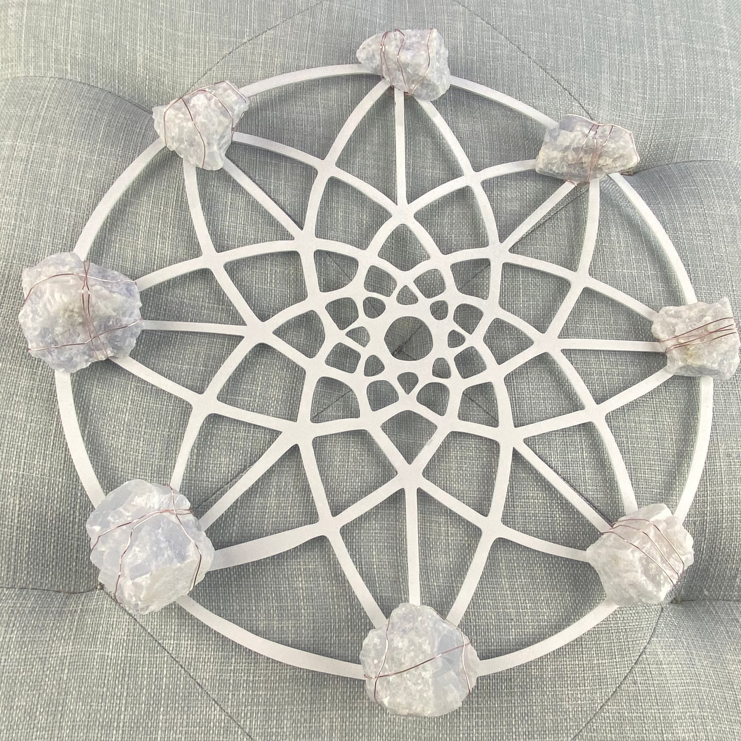 Sacred Geometry Wire-wrapped Blue Calcite - White Metal Wall Art Crystal Grid