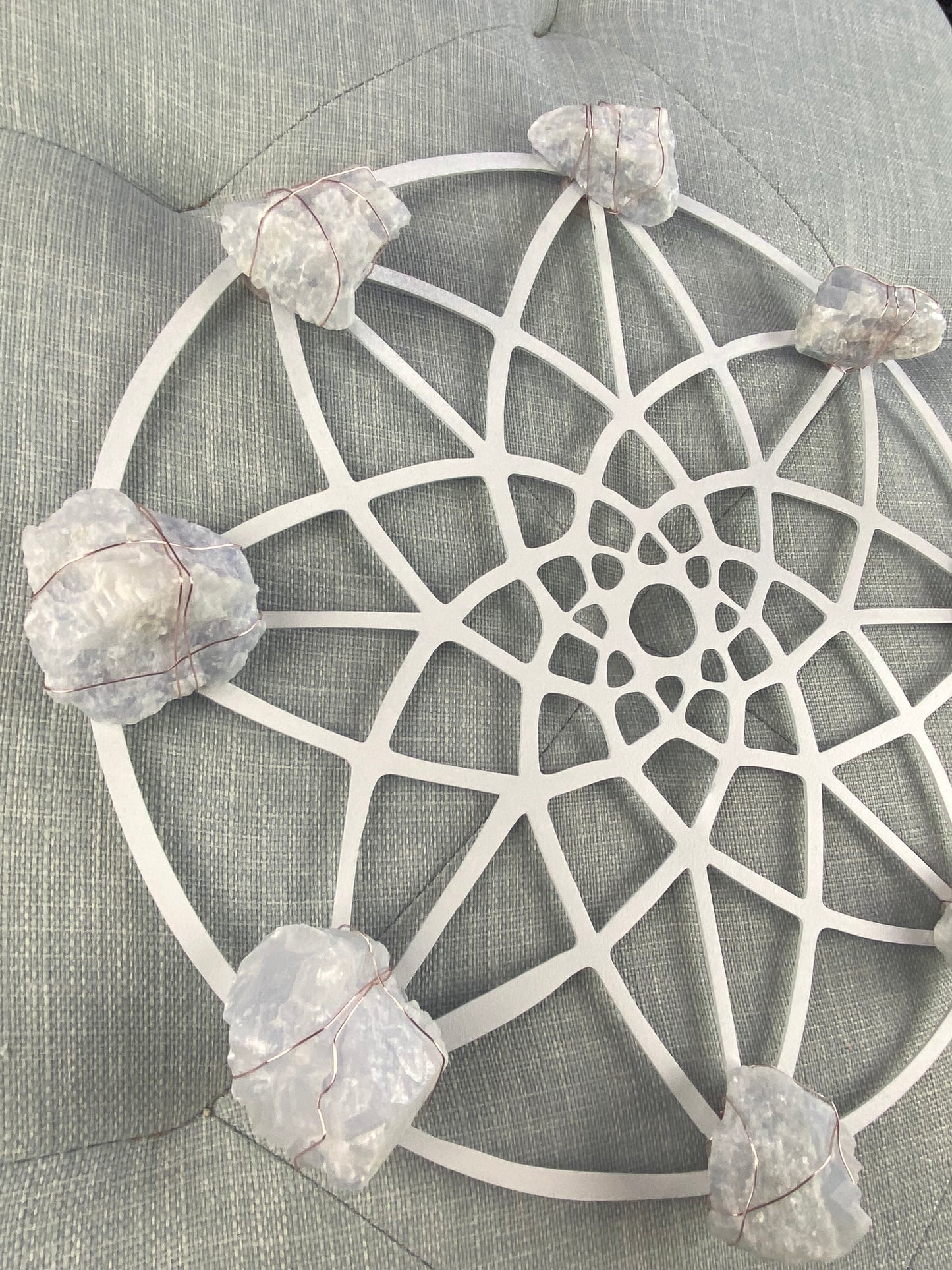 Sacred Geometry Wire-wrapped Blue Calcite - White Metal Wall Art Crystal Grid