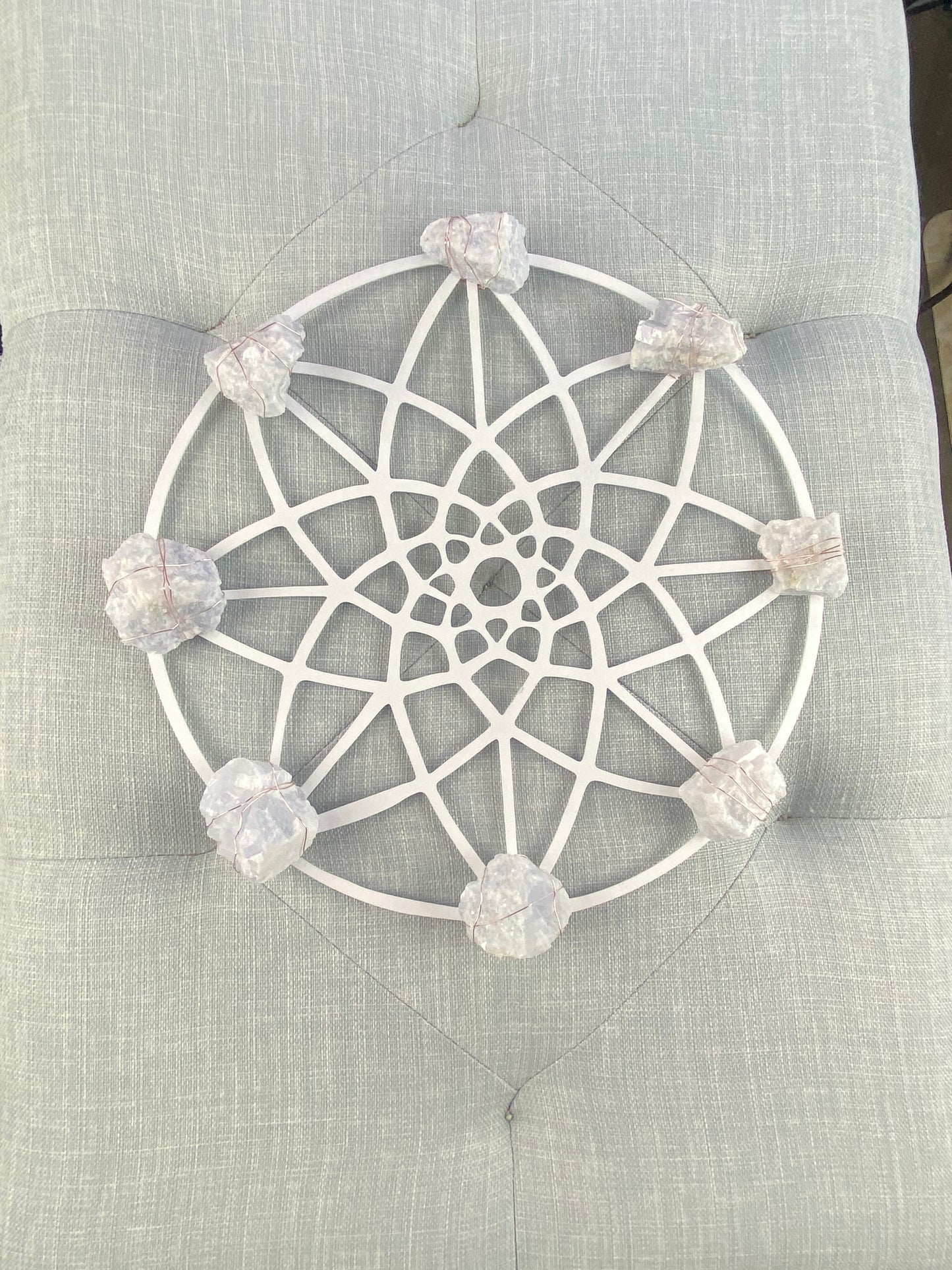 Sacred Geometry Wire-wrapped Blue Calcite - White Metal Wall Art Crystal Grid