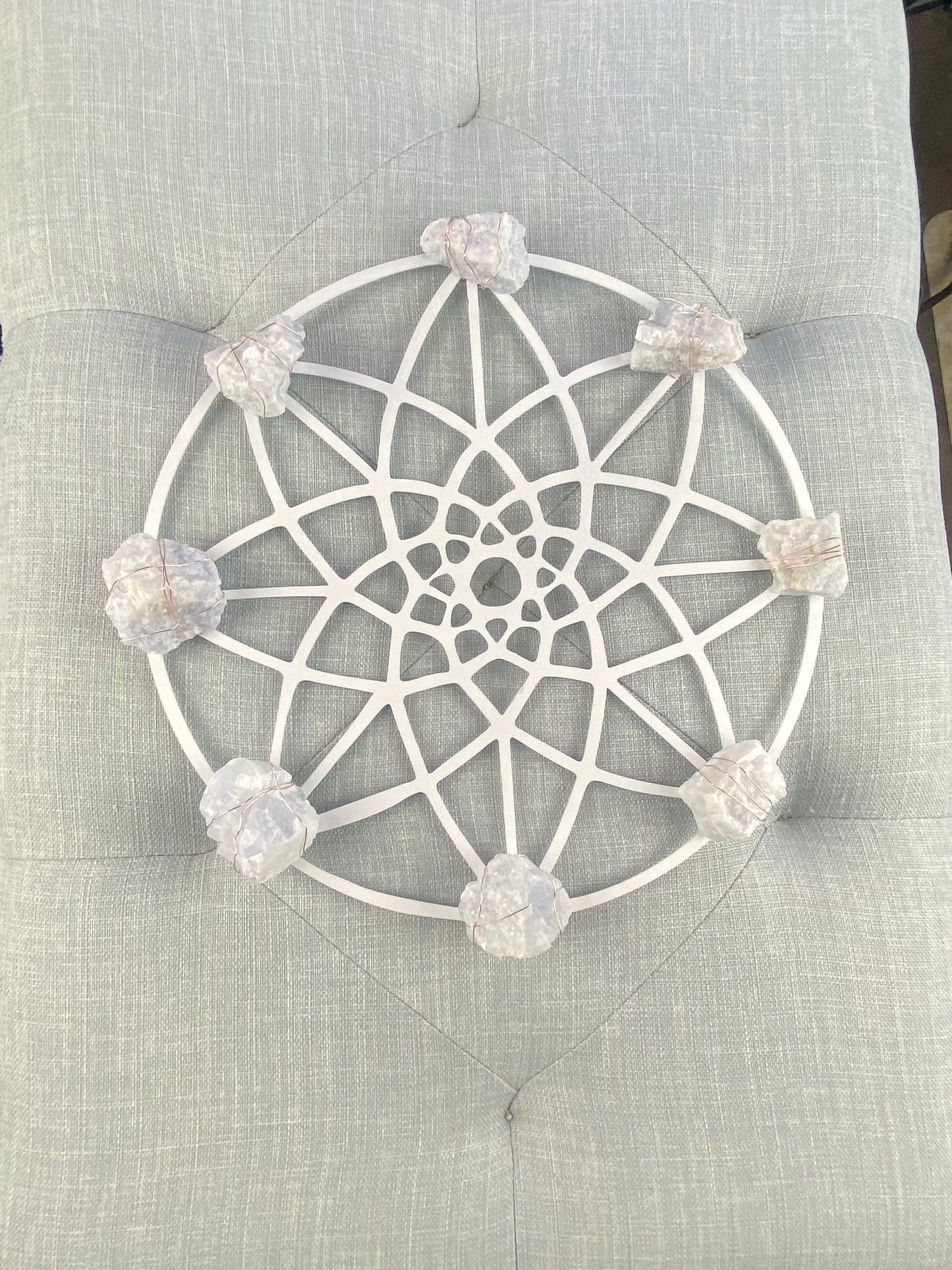 Sacred Geometry Wall Art – Blue Calcite Crystals Wire Wrapped Crystal Grid Decor
