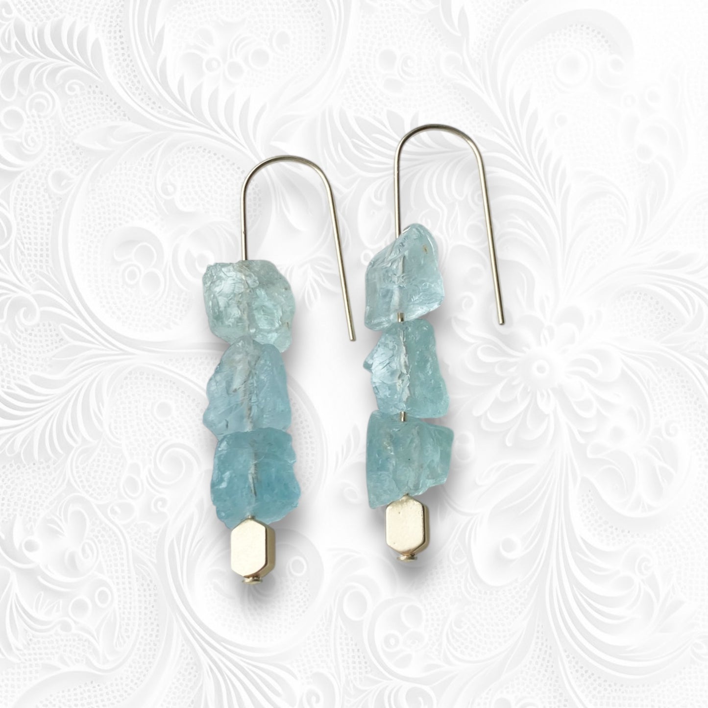 Aquamarine Gold Dangle Earrings 2.25"