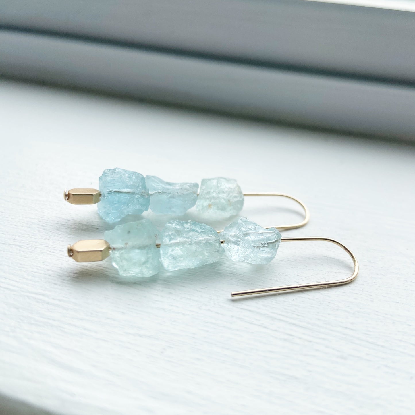 Aquamarine Gold Dangle Earrings 2.25"