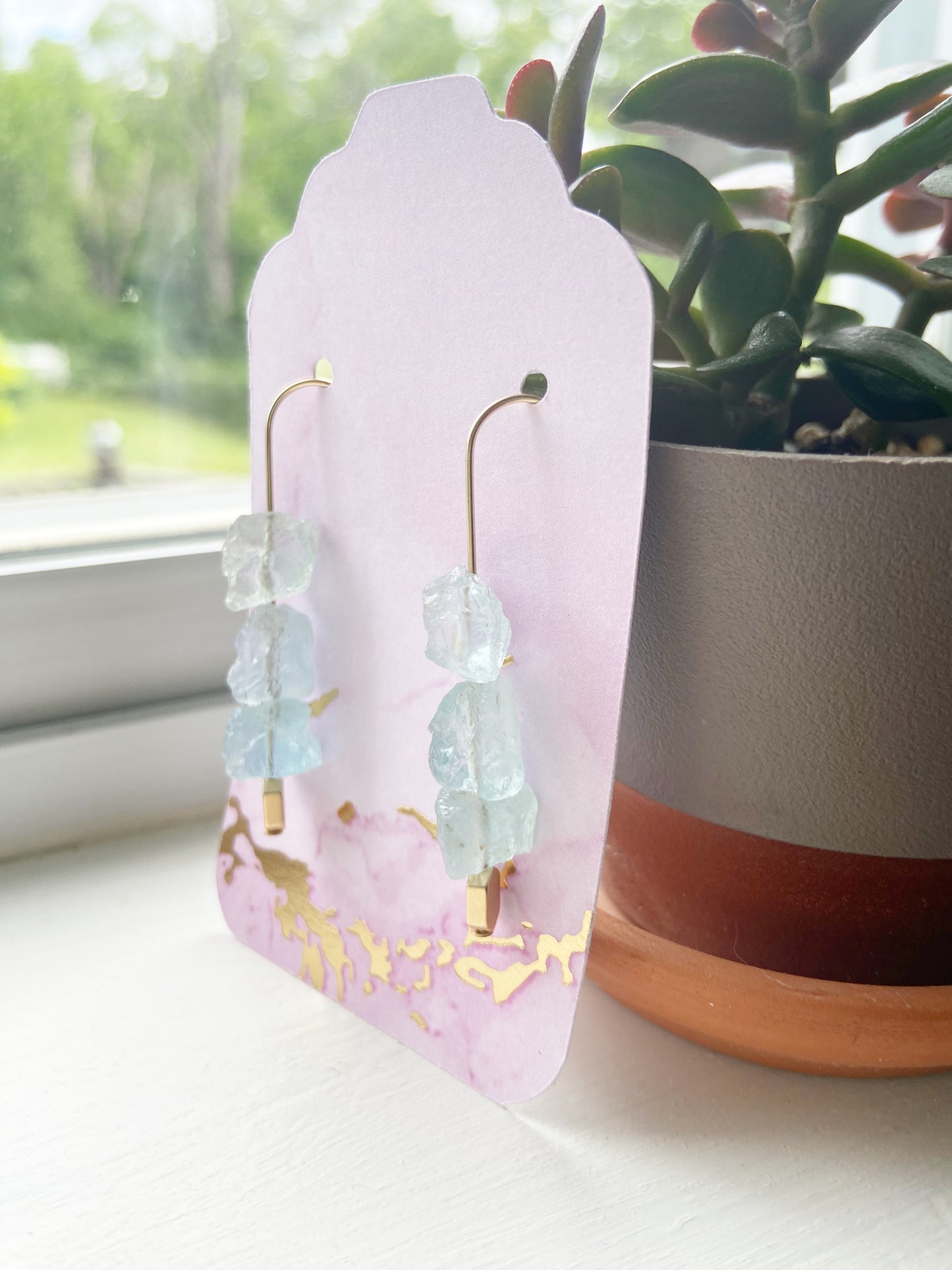 Aquamarine Gold Dangle Earrings 2.25"