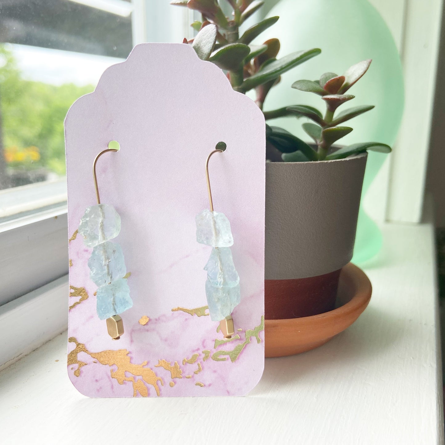 Aquamarine Gold Dangle Earrings 2.25"