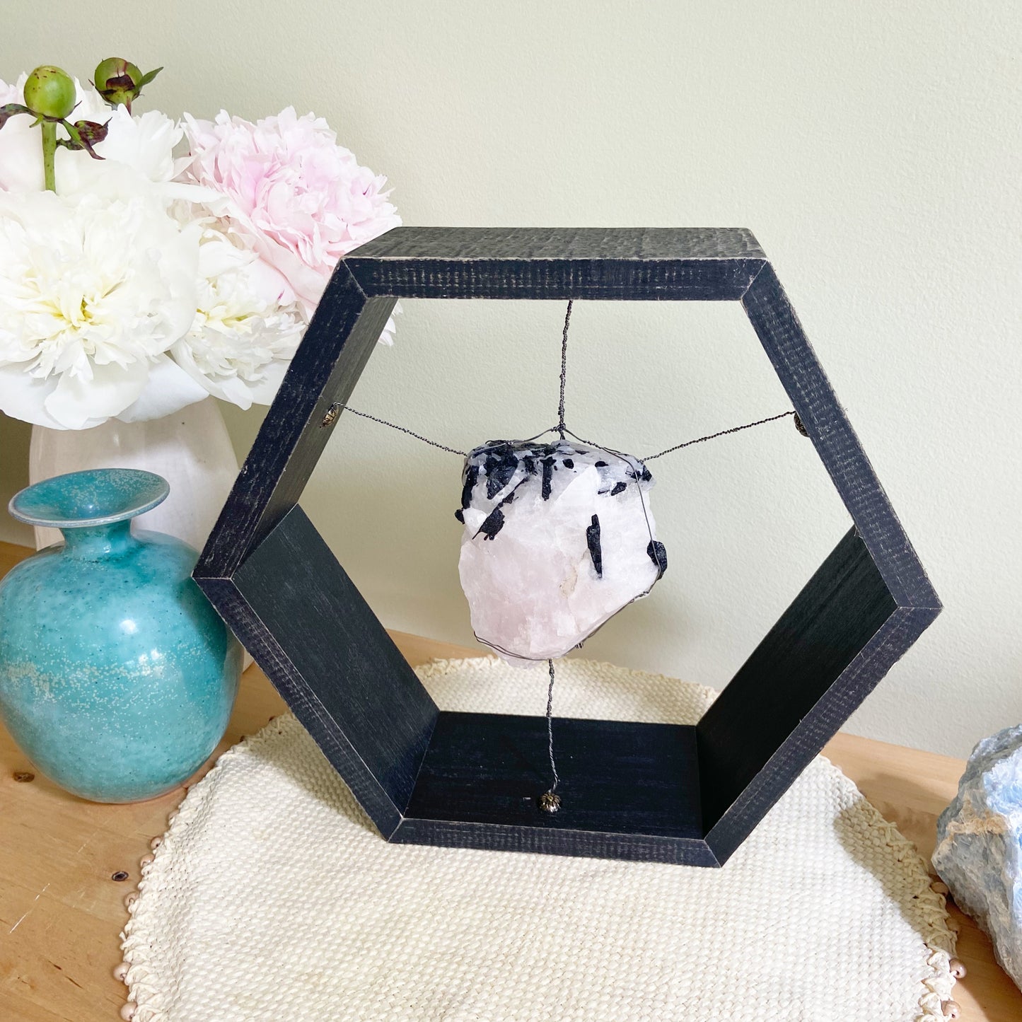 Black Hexagonal Rose Quartz Tourmaline Wire-wrapped Spiritual Art - One of a Kind 12"