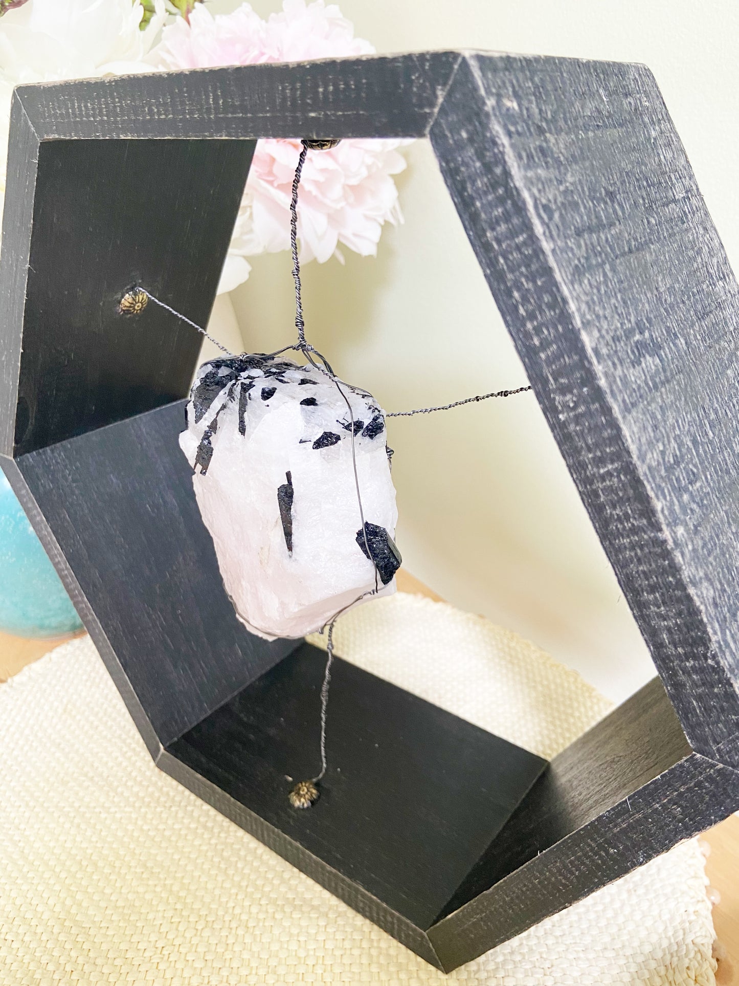 Black Hexagonal Rose Quartz Tourmaline Wire-wrapped Spiritual Art - One of a Kind 12"