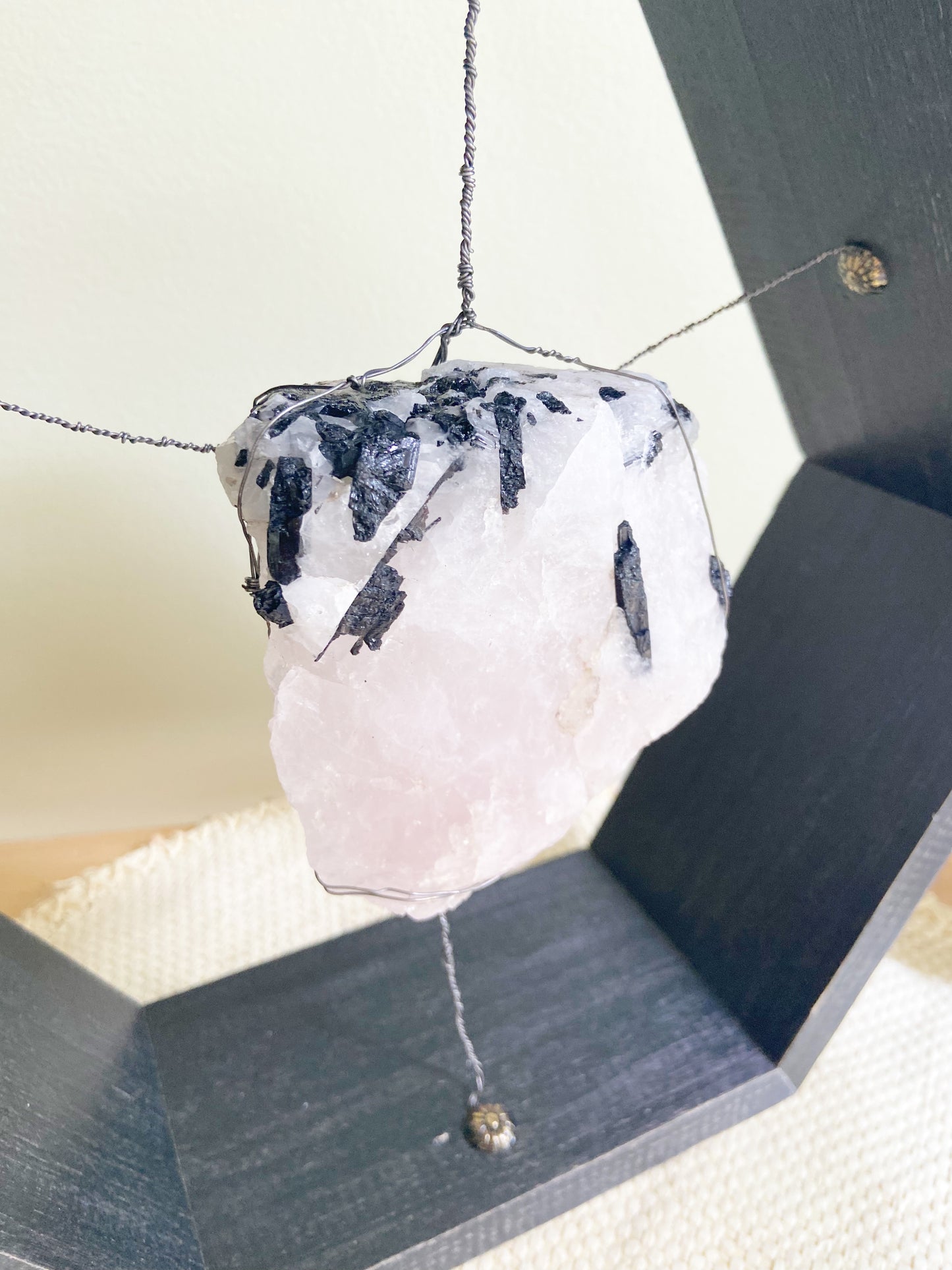 Black Hexagonal Rose Quartz Tourmaline Wire-wrapped Spiritual Art - One of a Kind 12"